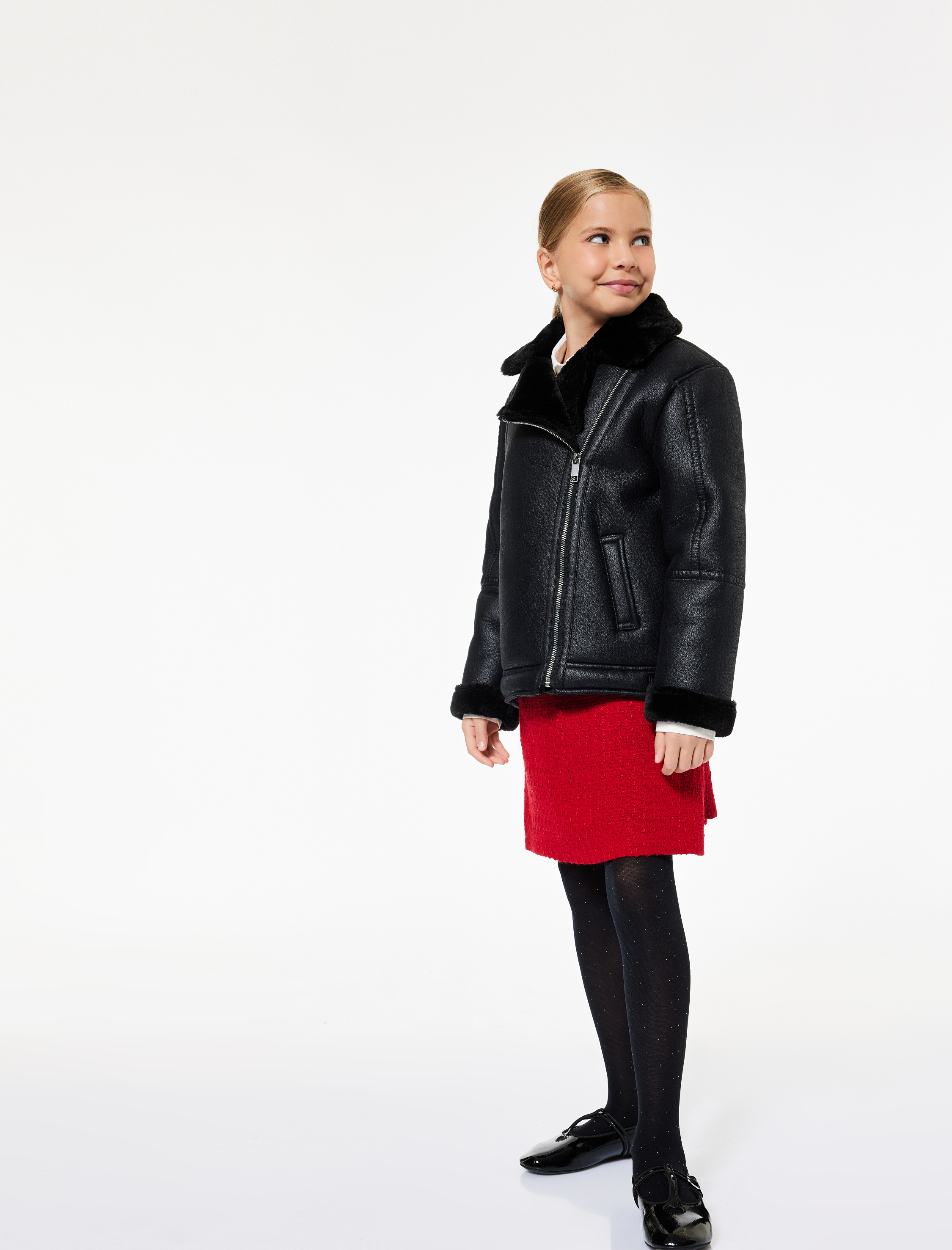  Kız Çocuk Kruvaze Yaka Uzun Kollu Suni Deri Ceket