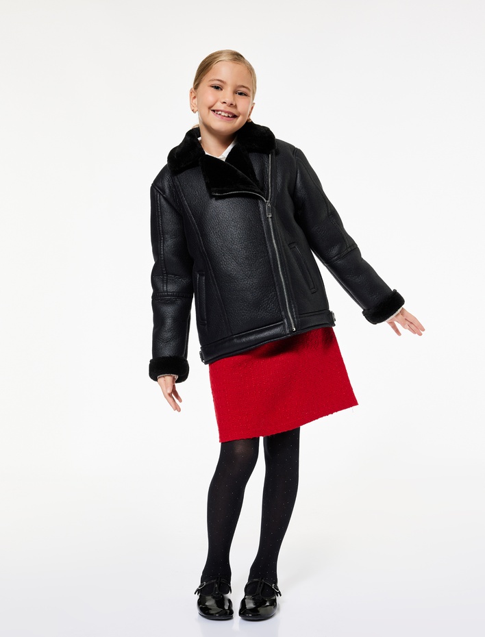 Kız Çocuk Kruvaze Yaka Uzun Kollu Suni Deri Ceket