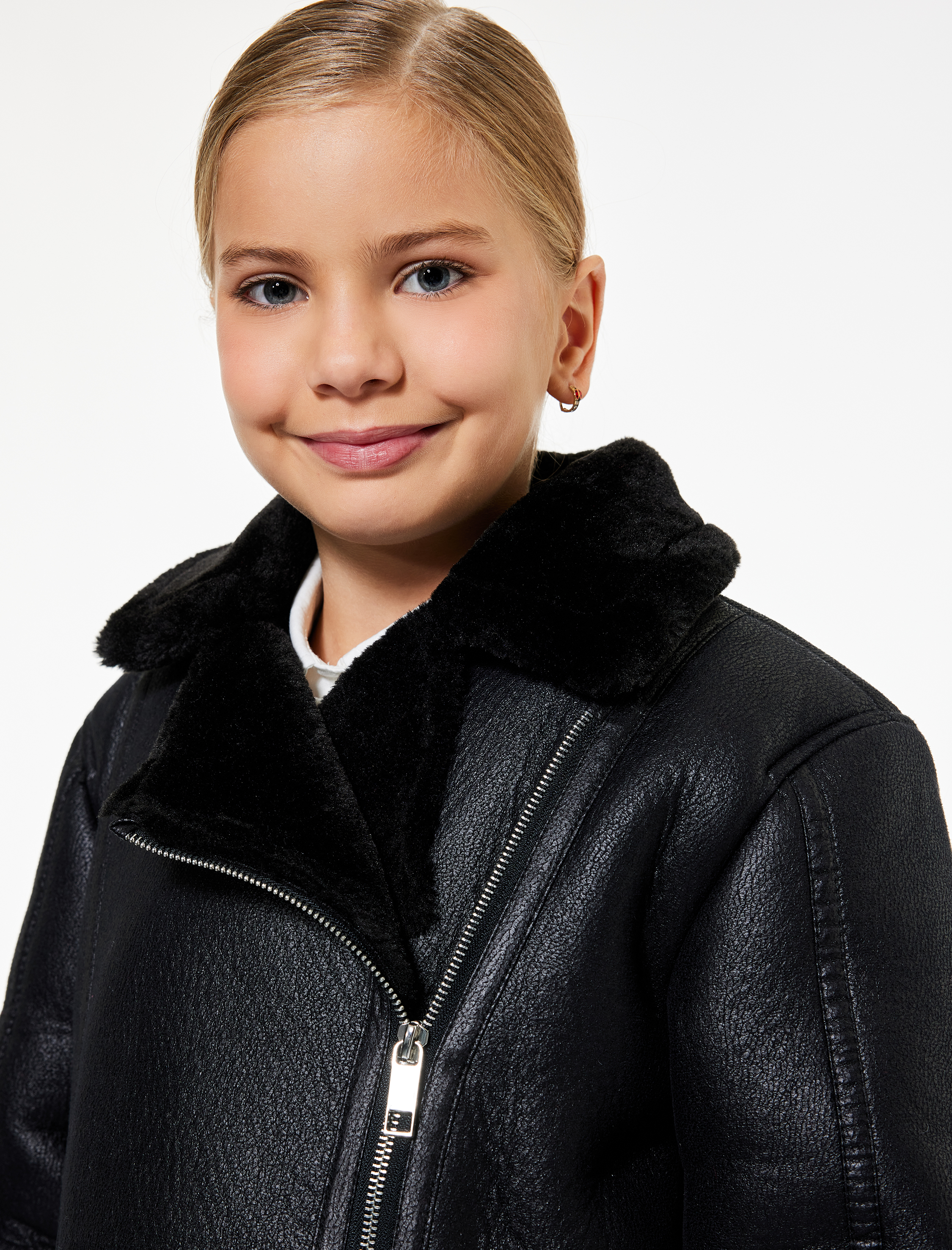  Kız Çocuk Kruvaze Yaka Uzun Kollu Suni Deri Ceket