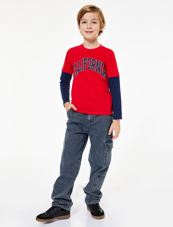 Erkek Çocuk Pamuklu Uzun Kollu Bisiklet Yaka Baskılı Tişört