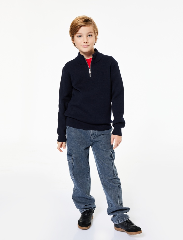 Erkek Çocuk Yarım Fermuarlı Uzun Kollu Viskon Karışımlı Triko Kazak