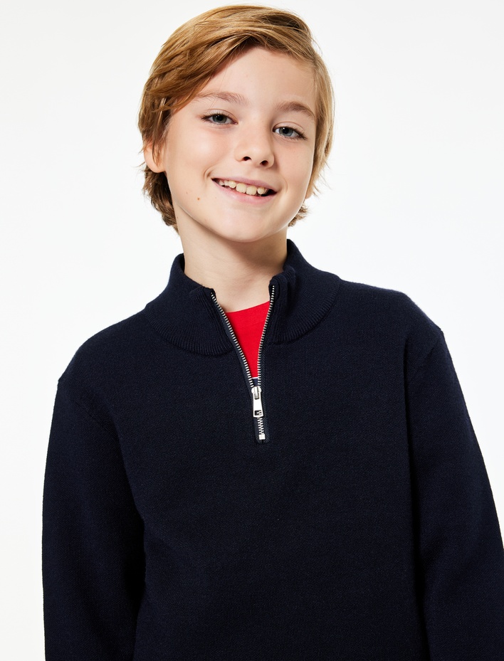 Erkek Çocuk Yarım Fermuarlı Uzun Kollu Viskon Karışımlı Triko Kazak