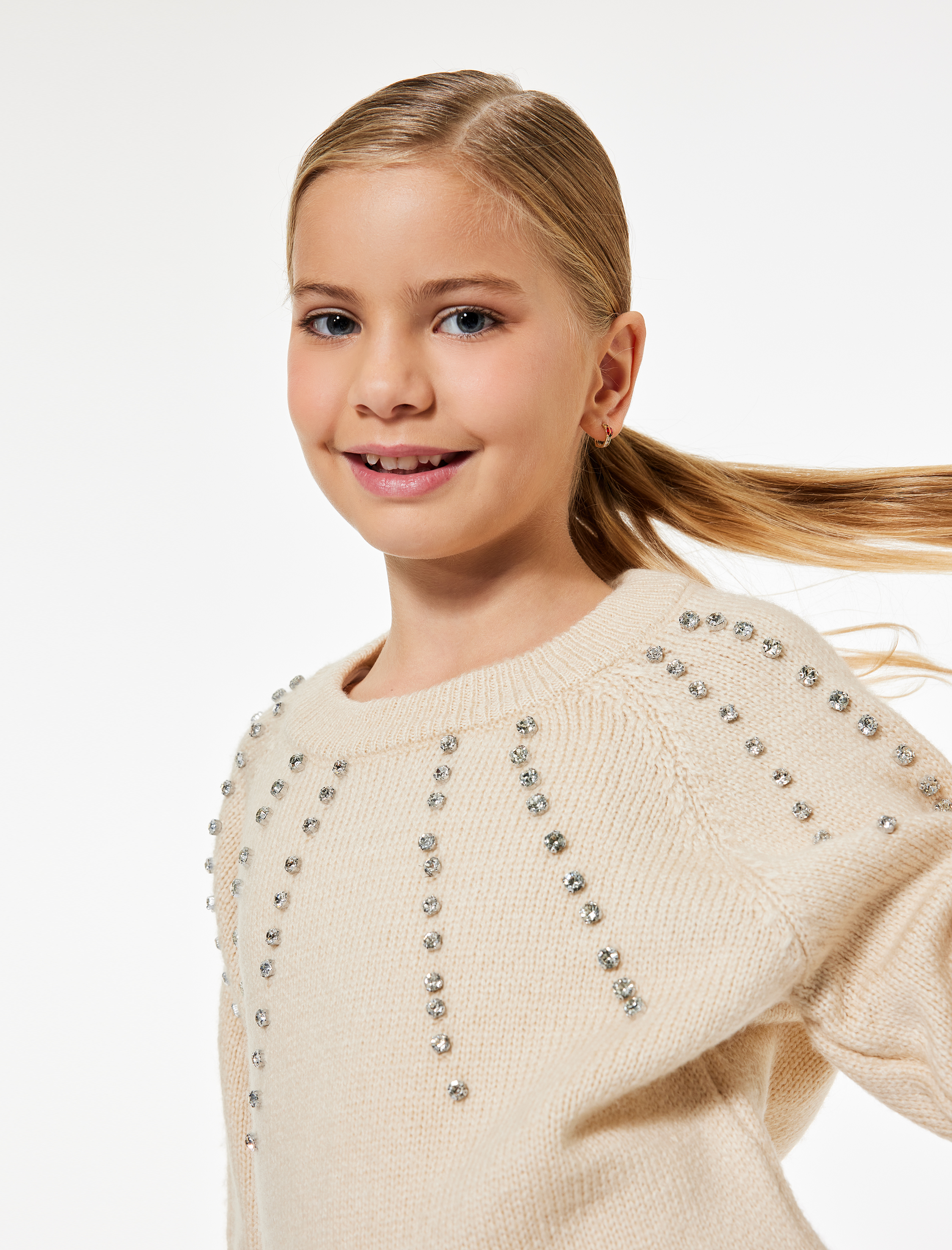  Kız Çocuk Taş Detaylı Uzun Kollu Bisiklet Yaka Triko Kazak