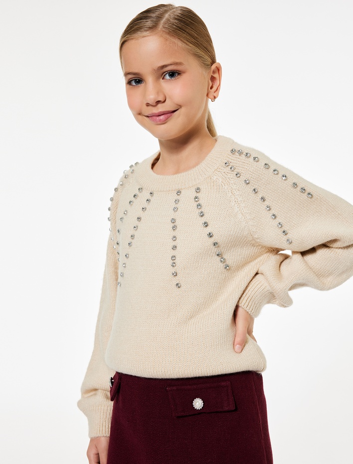 Kız Çocuk Taş Detaylı Uzun Kollu Bisiklet Yaka Triko Kazak