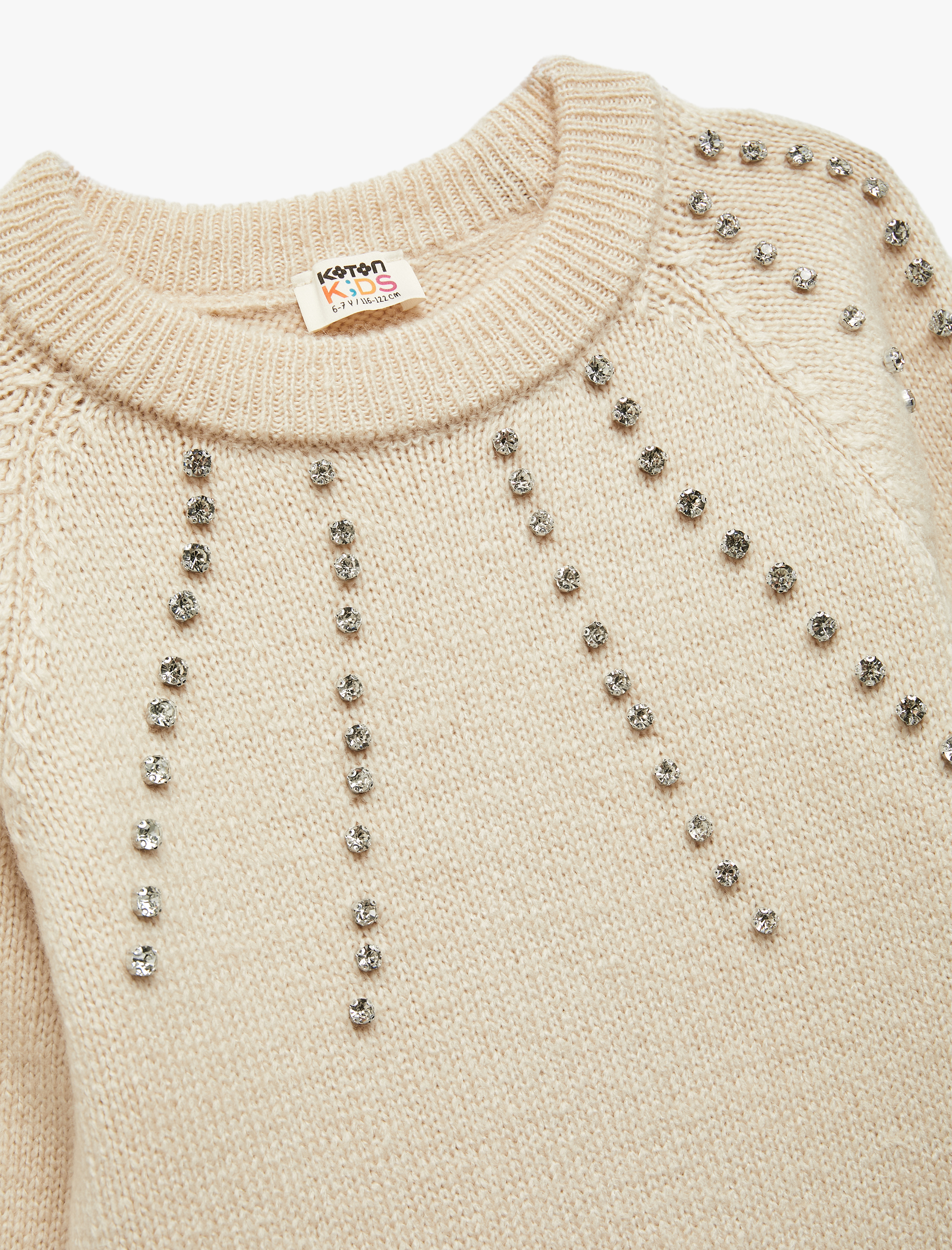  Kız Çocuk Taş Detaylı Uzun Kollu Bisiklet Yaka Triko Kazak