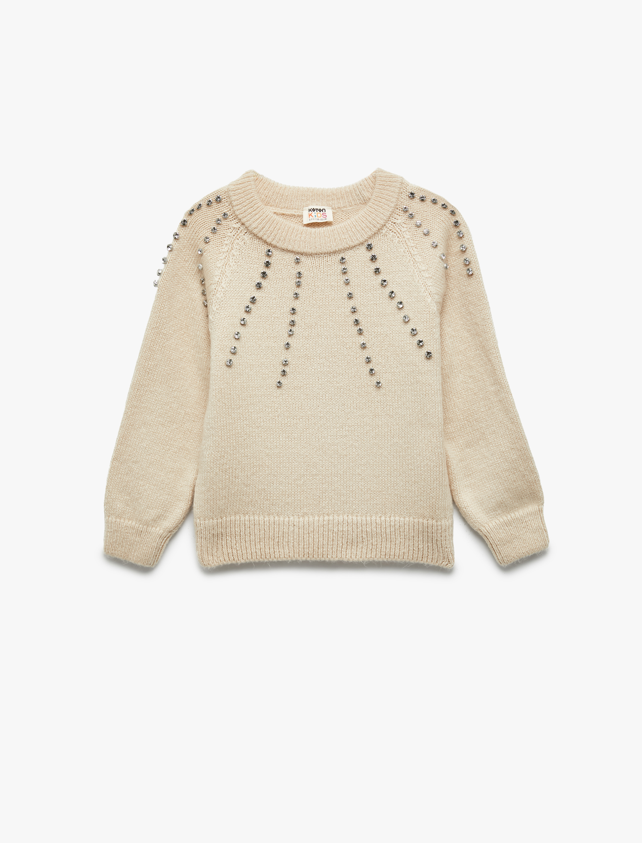  Kız Çocuk Taş Detaylı Uzun Kollu Bisiklet Yaka Triko Kazak