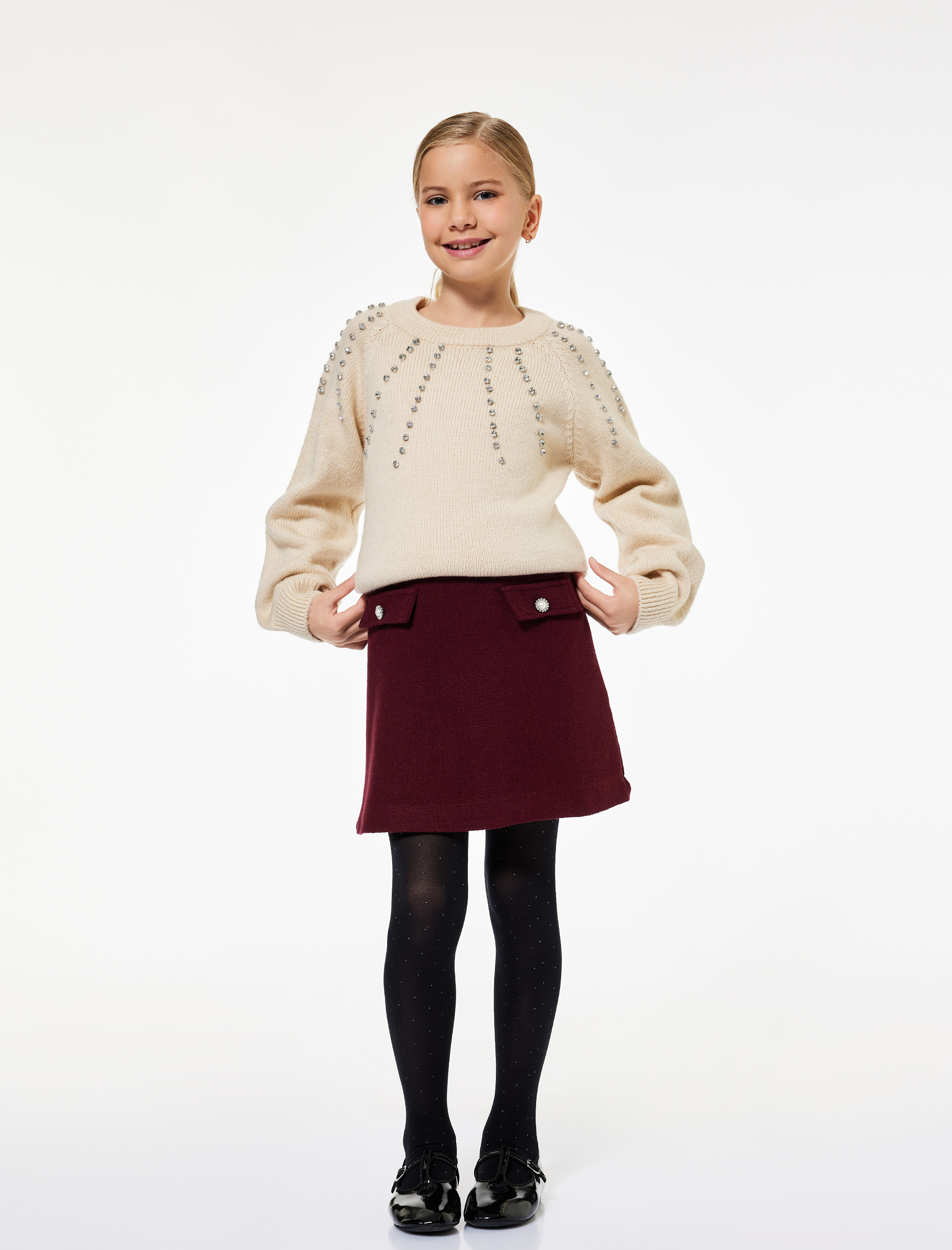  Kız Çocuk Taş Detaylı Uzun Kollu Bisiklet Yaka Triko Kazak