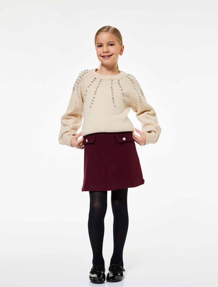 Kız Çocuk Taş Detaylı Uzun Kollu Bisiklet Yaka Triko Kazak