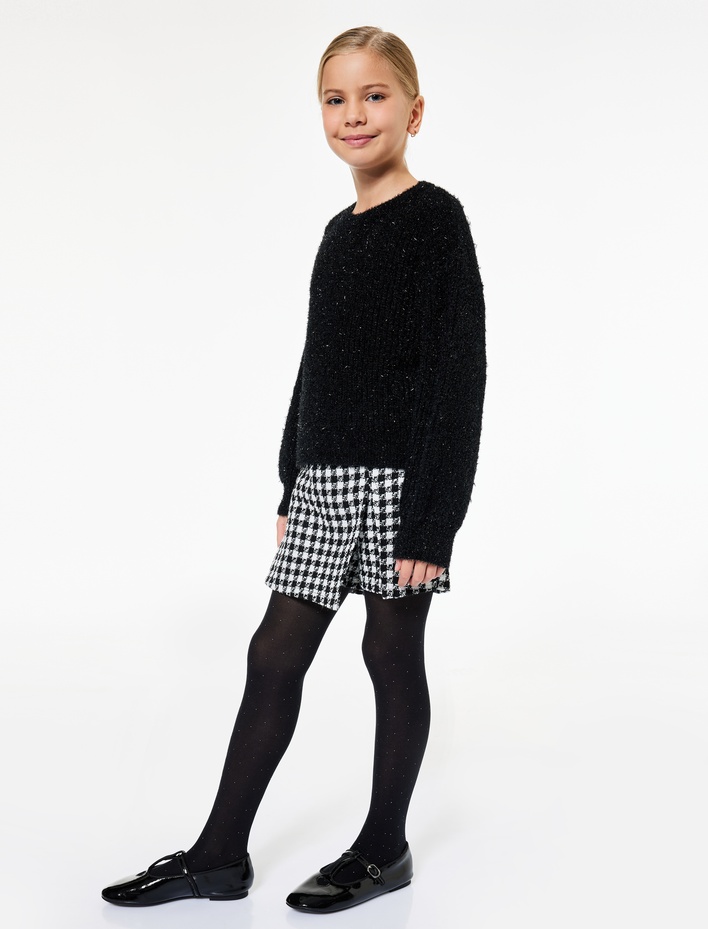 Kız Çocuk Kaz Ayağı Desenli Beli Lastikli Tüvit Şort Etek