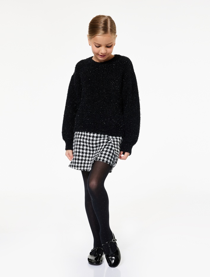 Kız Çocuk Kaz Ayağı Desenli Beli Lastikli Tüvit Şort Etek