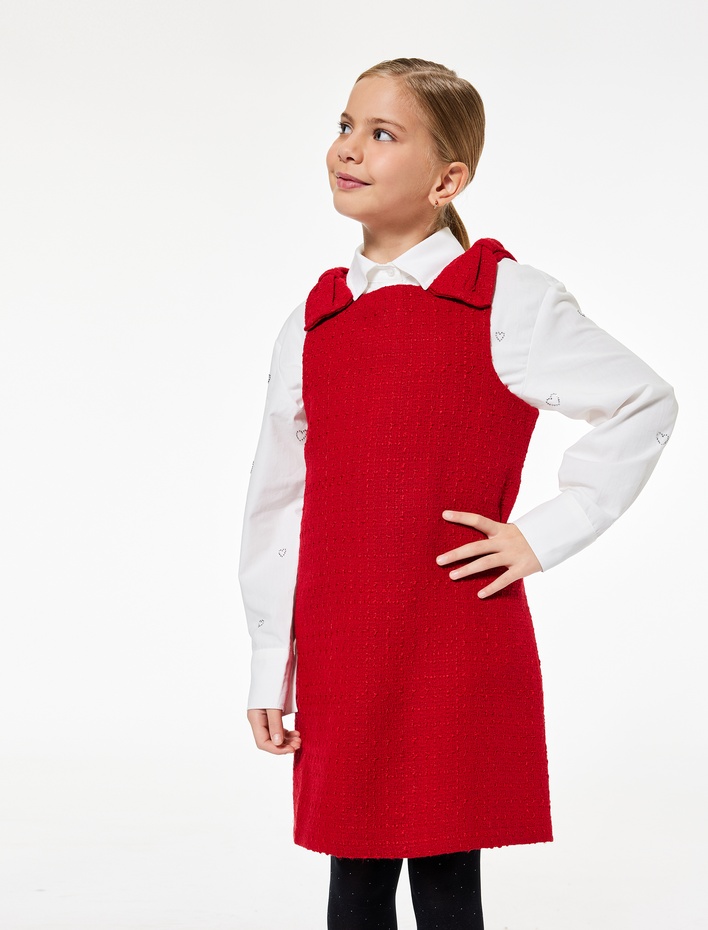 Kız Çocuk Fiyonk Detaylı Kolsuz Bisiklet Yaka Tüvit Jile Elbise