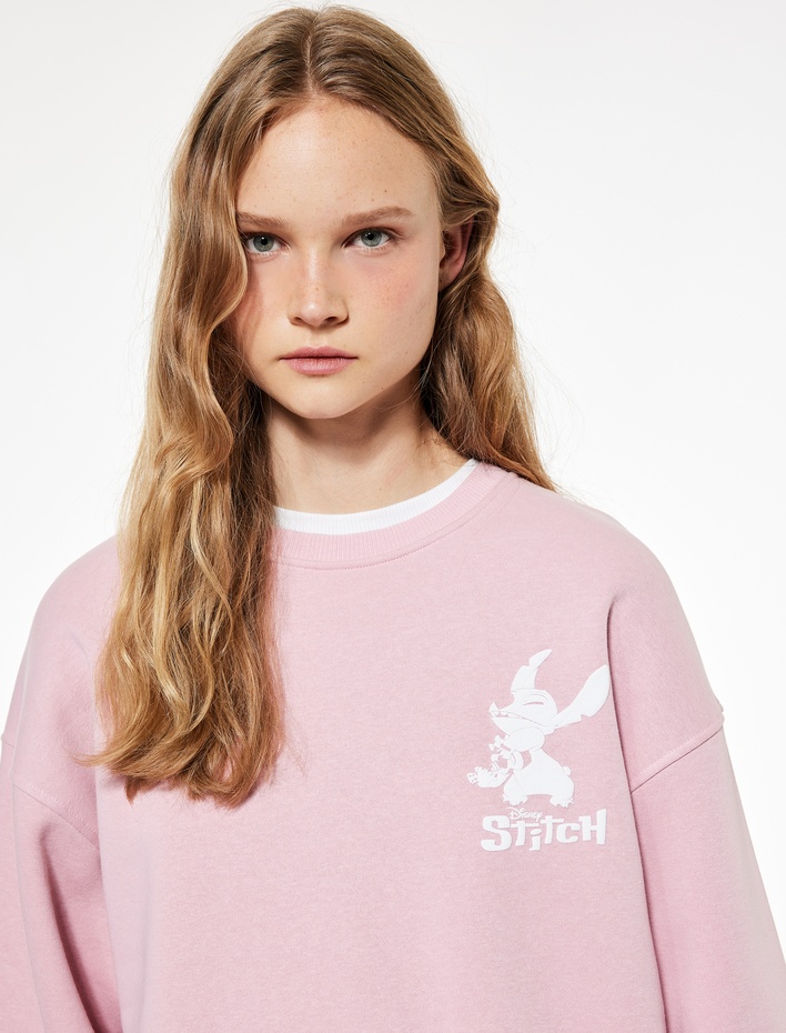 Stitch Lisanslı Baskılı Uzun Kollu Bisiklet Yaka Oversize Sweatshirt