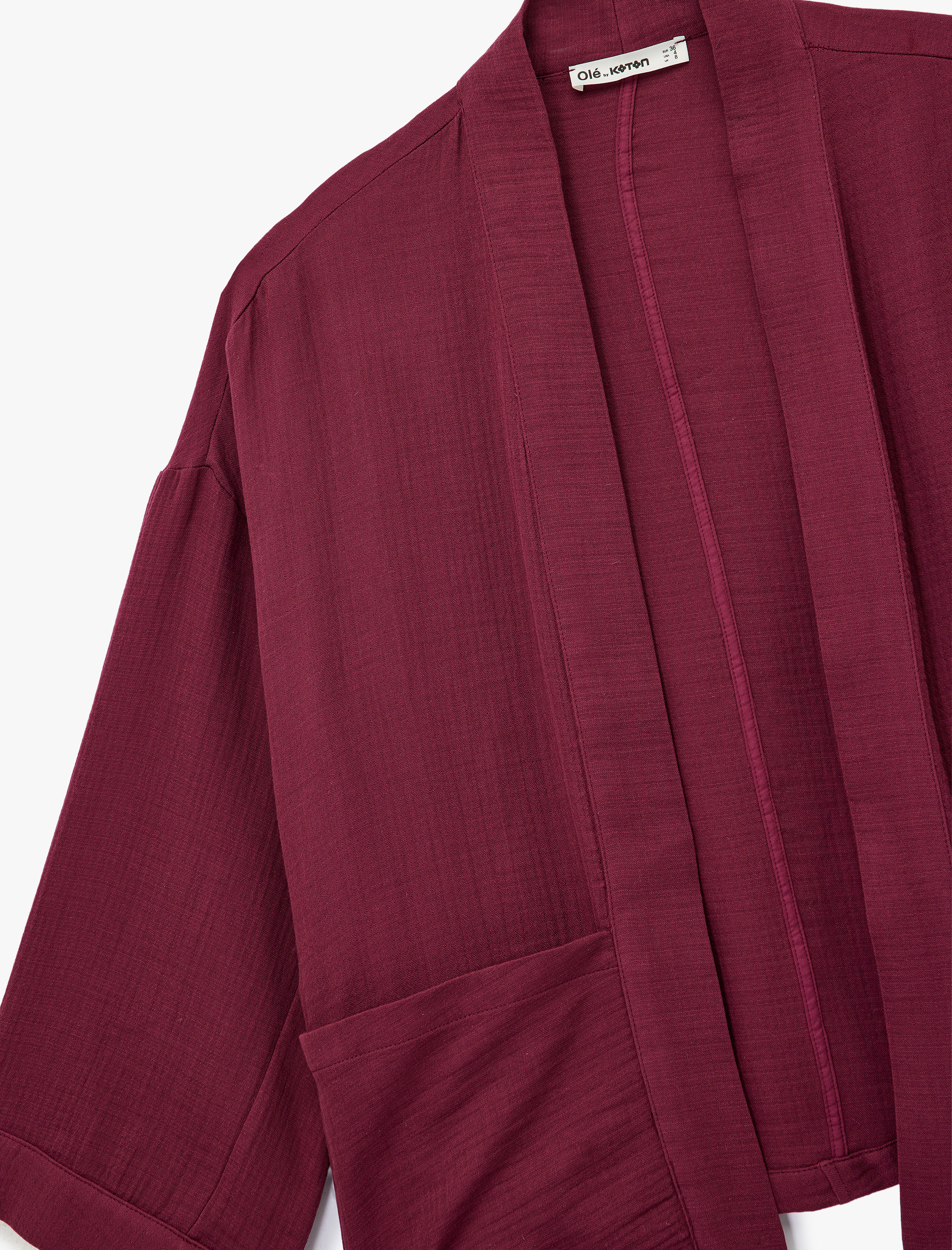   3/4 Kol Rahat Kalıp Kuşaklı Cep Detaylı Pamuklu Şal Yaka Kimono