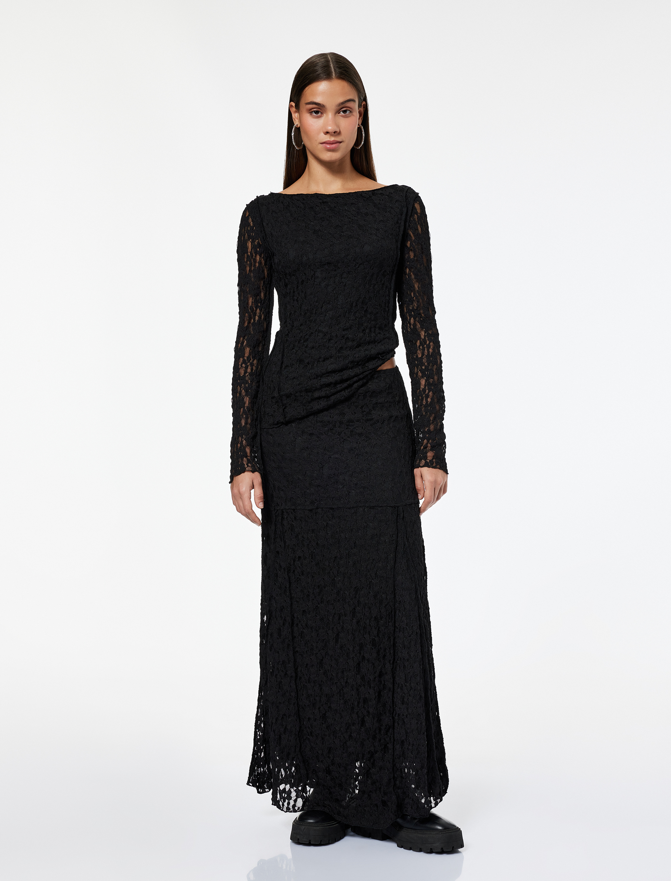   Slim Fit Dikiş Detaylı Midi Dantel Etek