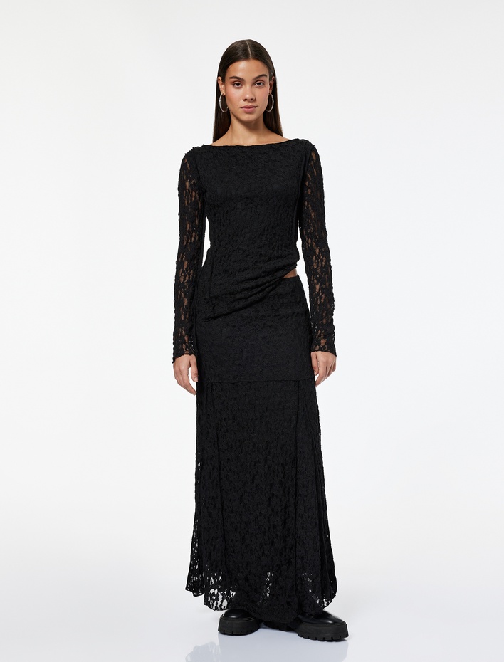  Slim Fit Dikiş Detaylı Midi Dantel Etek