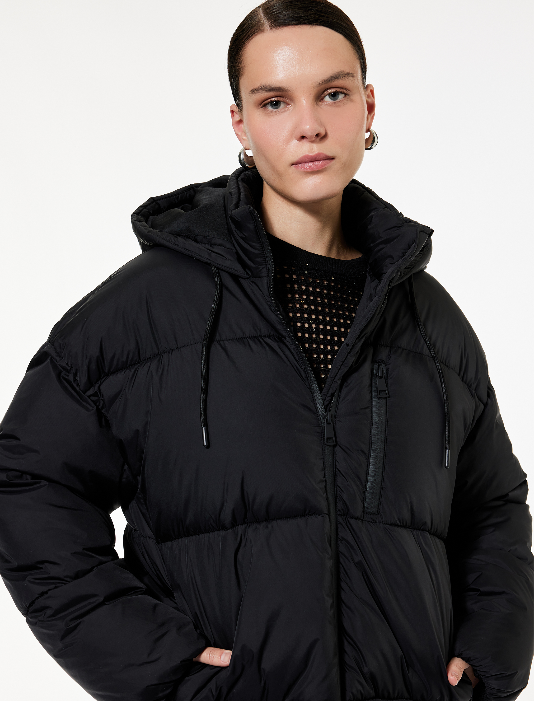   Uzun Kollu Fermuarlı Kapüşonlu Anorak Oversize Şişme Mont