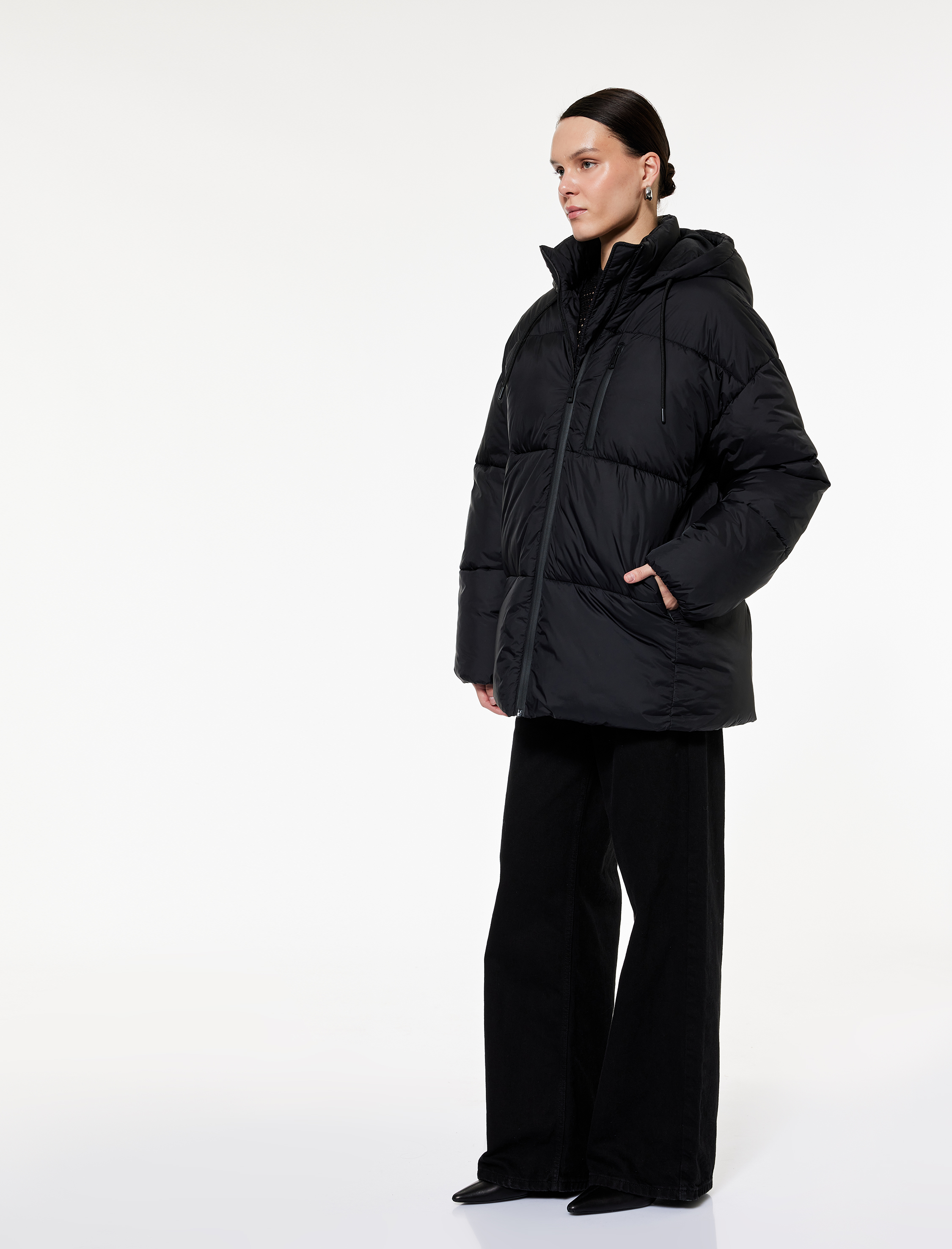   Uzun Kollu Fermuarlı Kapüşonlu Anorak Oversize Şişme Mont