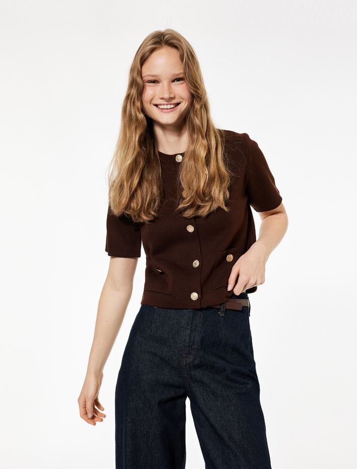  Kısa Kollu Bisiklet Yaka Düğme Detaylı Cepli Triko Hırka