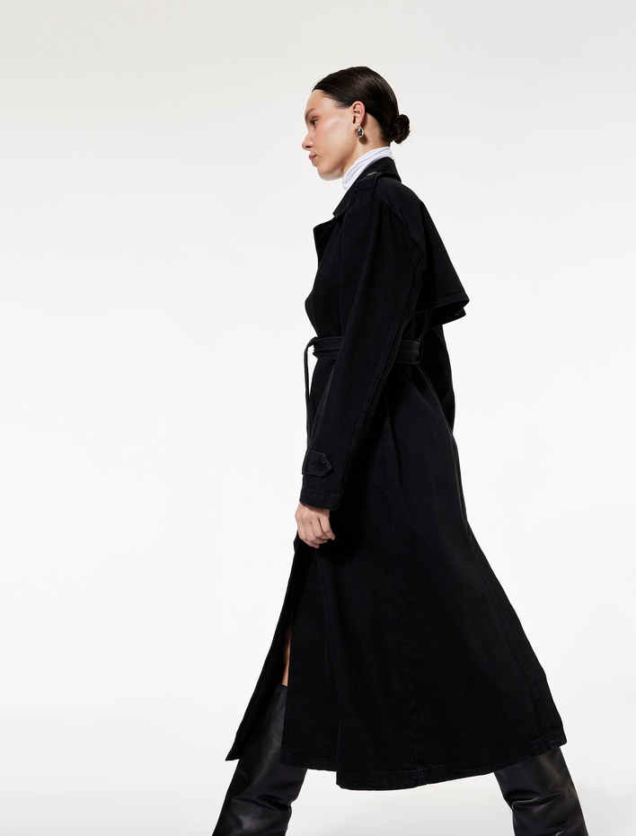  Uzun Kollu Kruvaze Yaka Kemer Detaylı Uzun Denim Trençkot