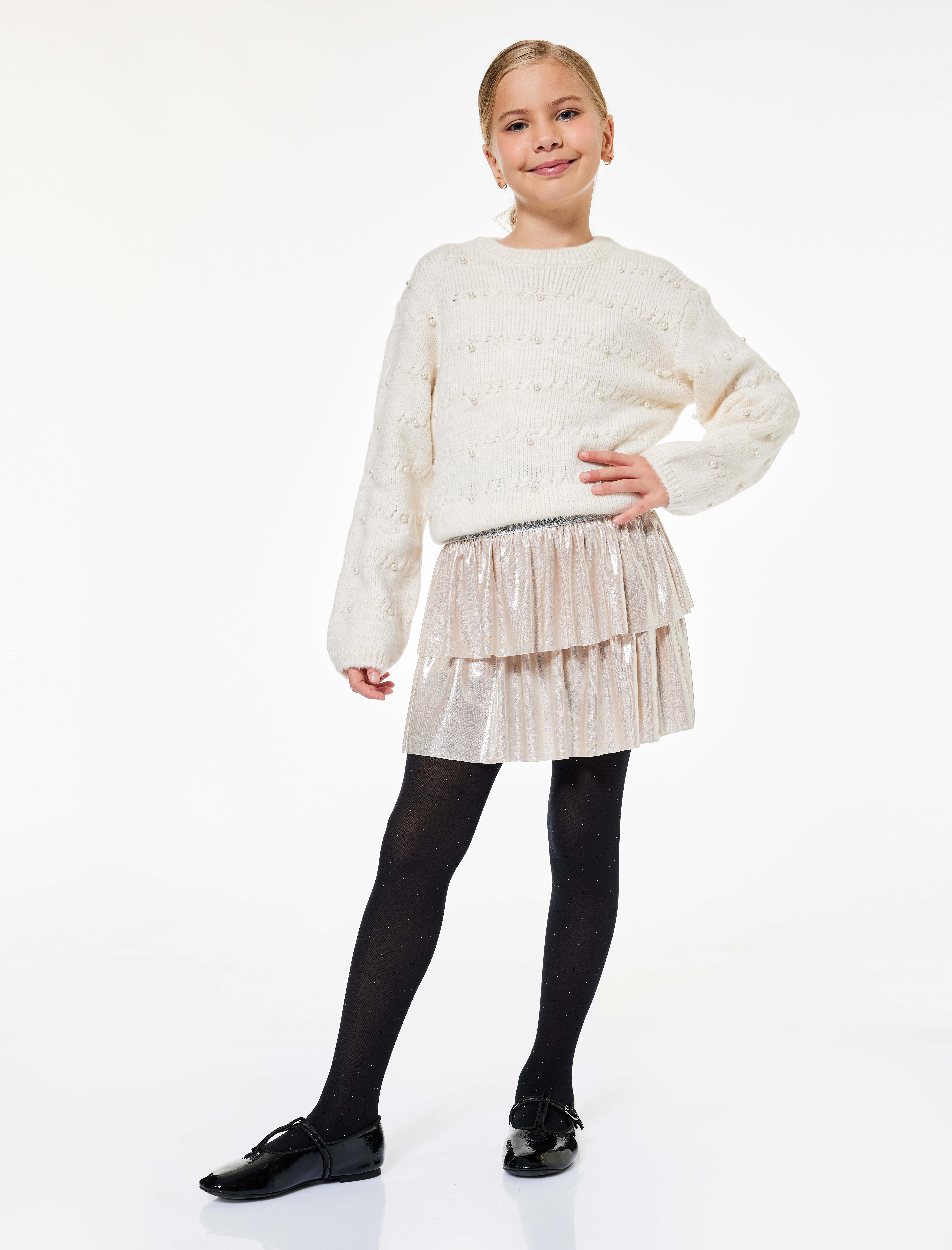  Kız Çocuk Uzun Kollu Bisiklet Yaka Boncuk Detaylı Triko Kazak