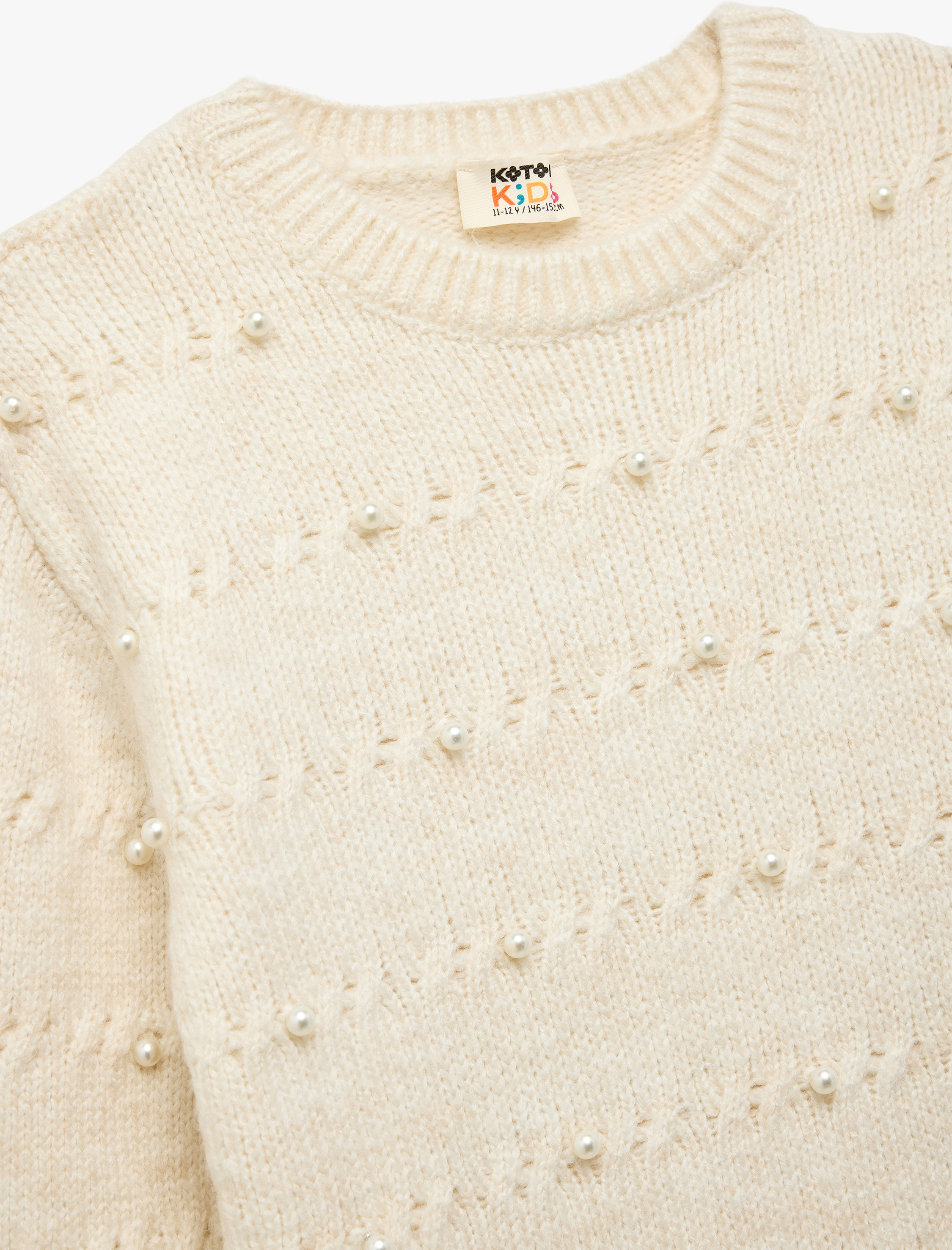  Kız Çocuk Uzun Kollu Bisiklet Yaka Boncuk Detaylı Triko Kazak