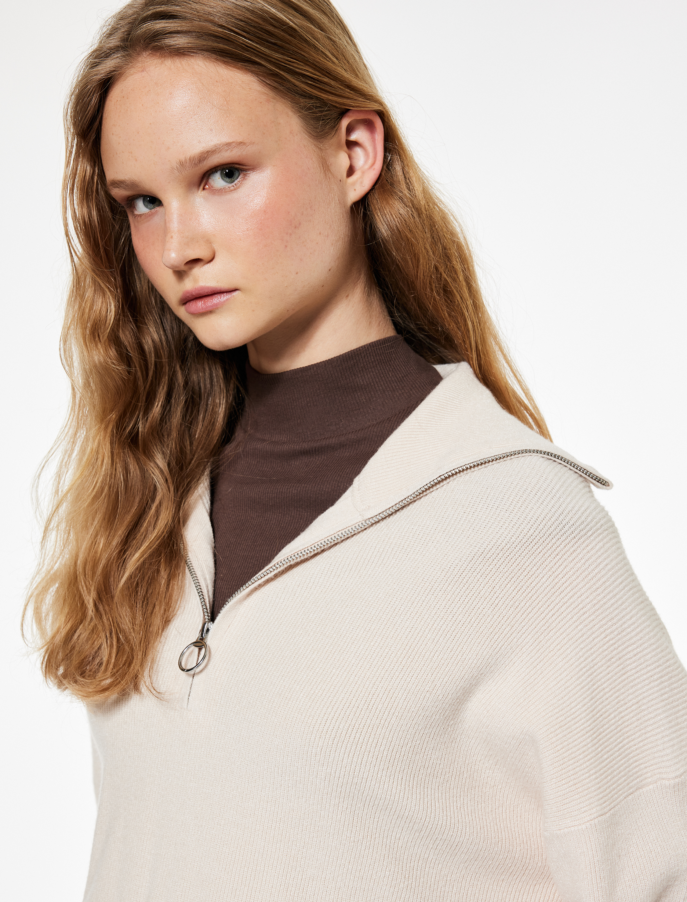   Viskon Karışımlı Dik Yaka Uzun Kollu Yarım Fermuarlı Kazak