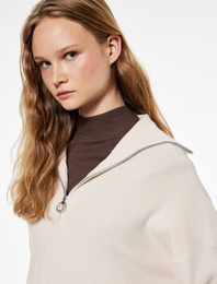 Viskon Karışımlı Dik Yaka Uzun Kollu Yarım Fermuarlı Kazak