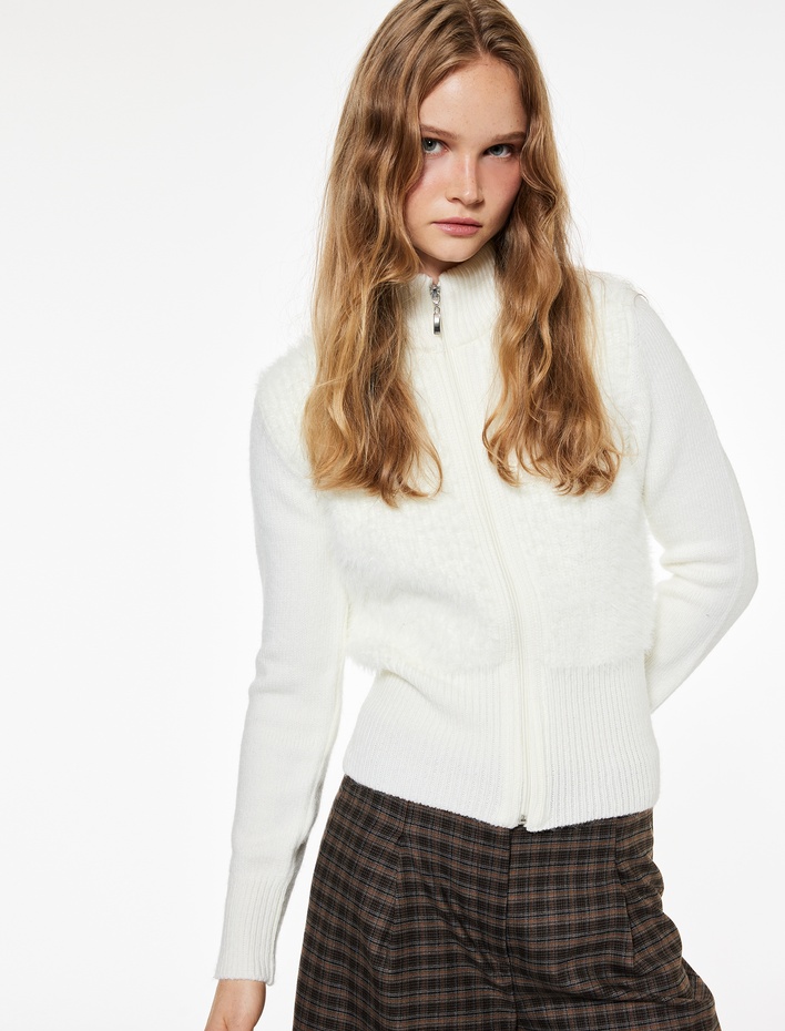  Yumuşak Dokulu Uzun Kollu Dik Yaka Fermuarlı Hırka