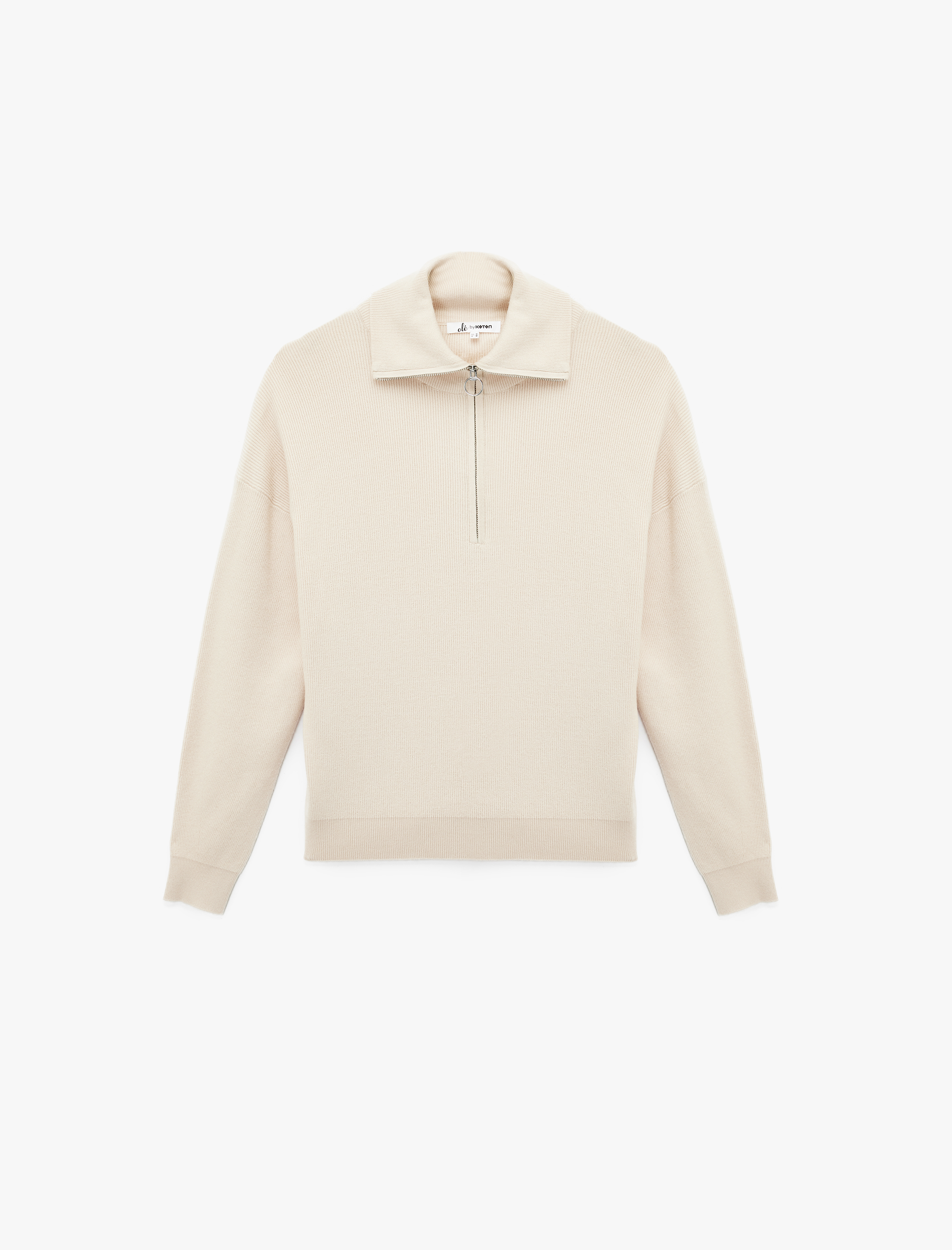   Viskon Karışımlı Dik Yaka Uzun Kollu Yarım Fermuarlı Kazak