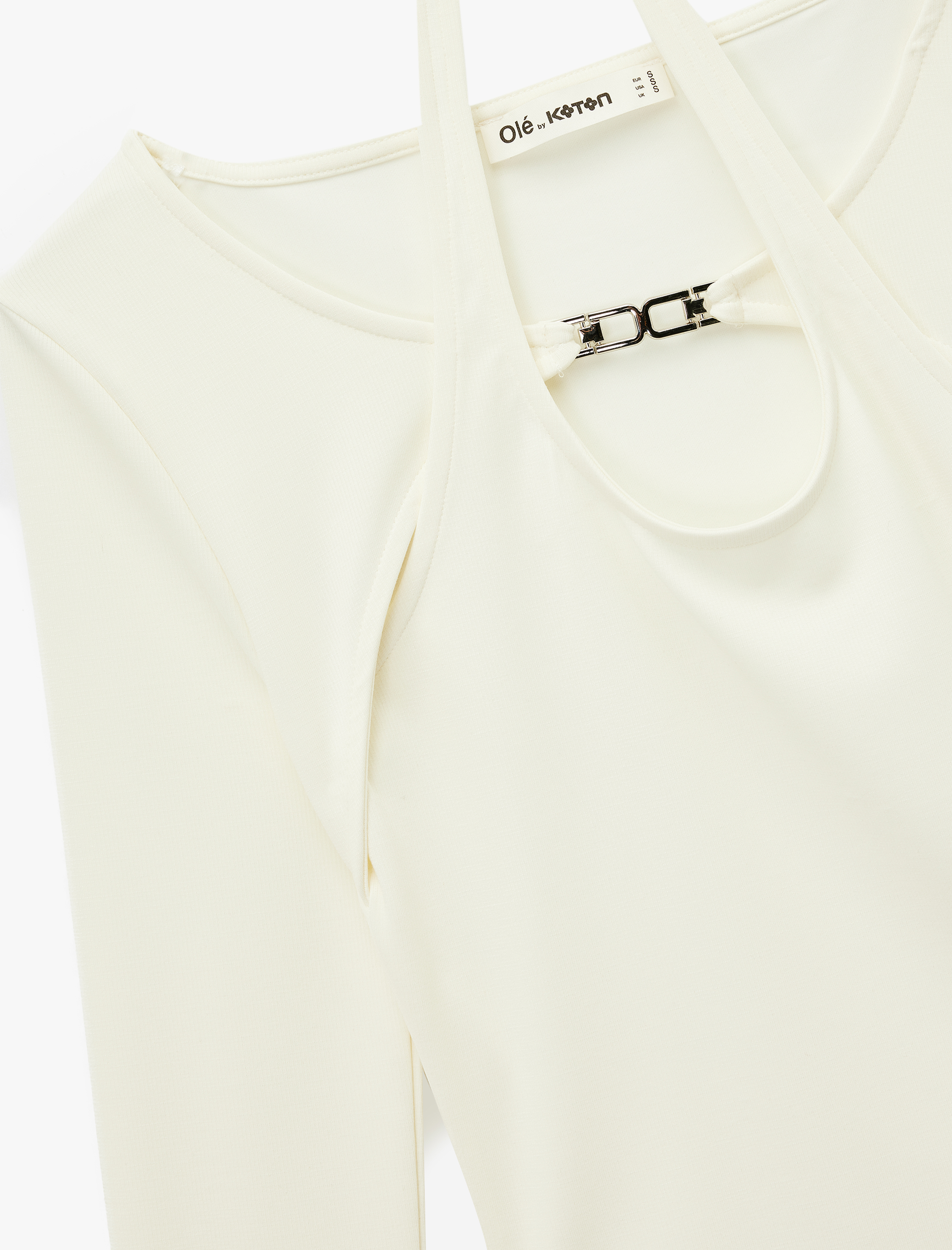   Slim Fit Uzun Kollu Metal Aksesuarlı Pencere Detaylı Halter Yaka Tişört