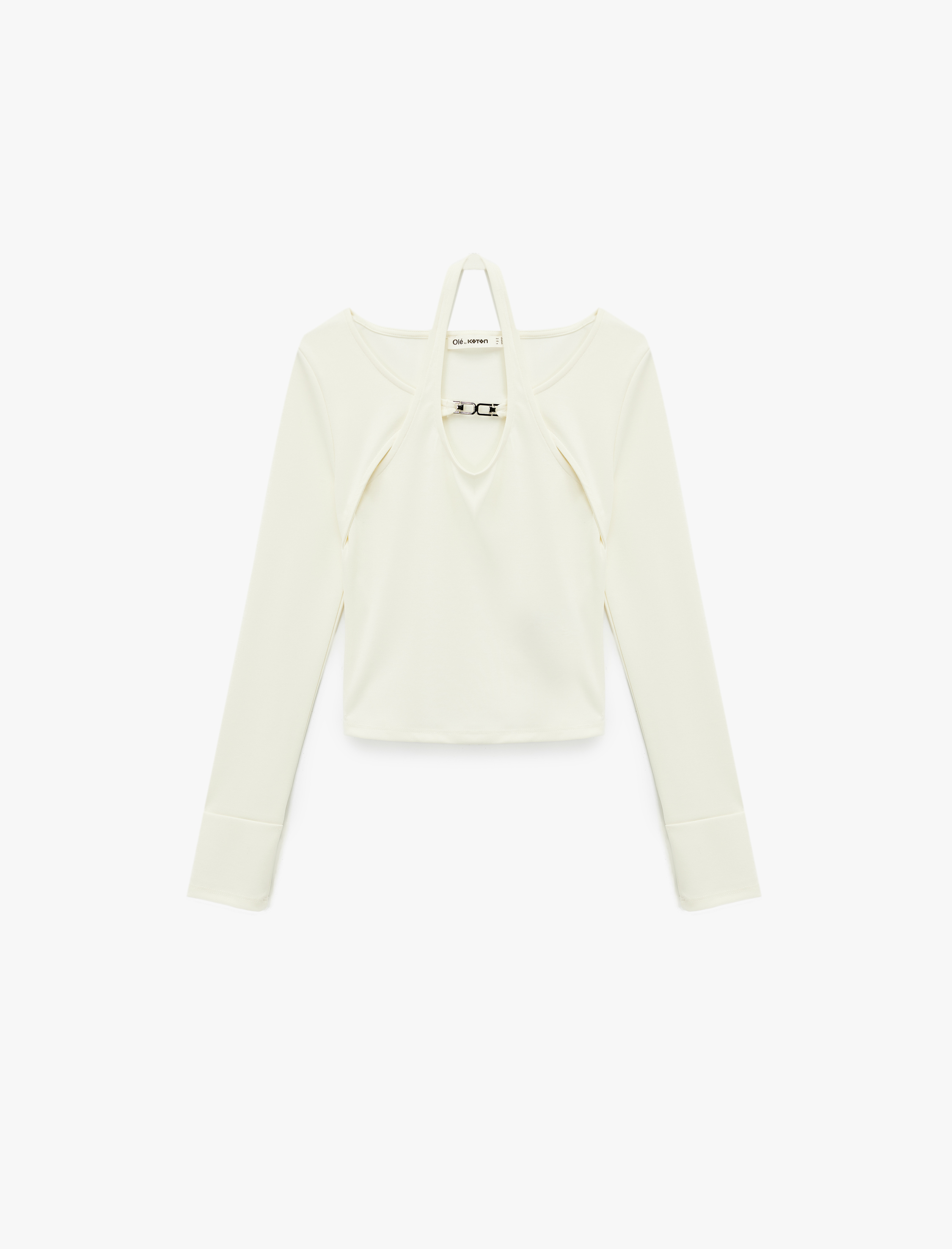   Slim Fit Uzun Kollu Metal Aksesuarlı Pencere Detaylı Halter Yaka Tişört