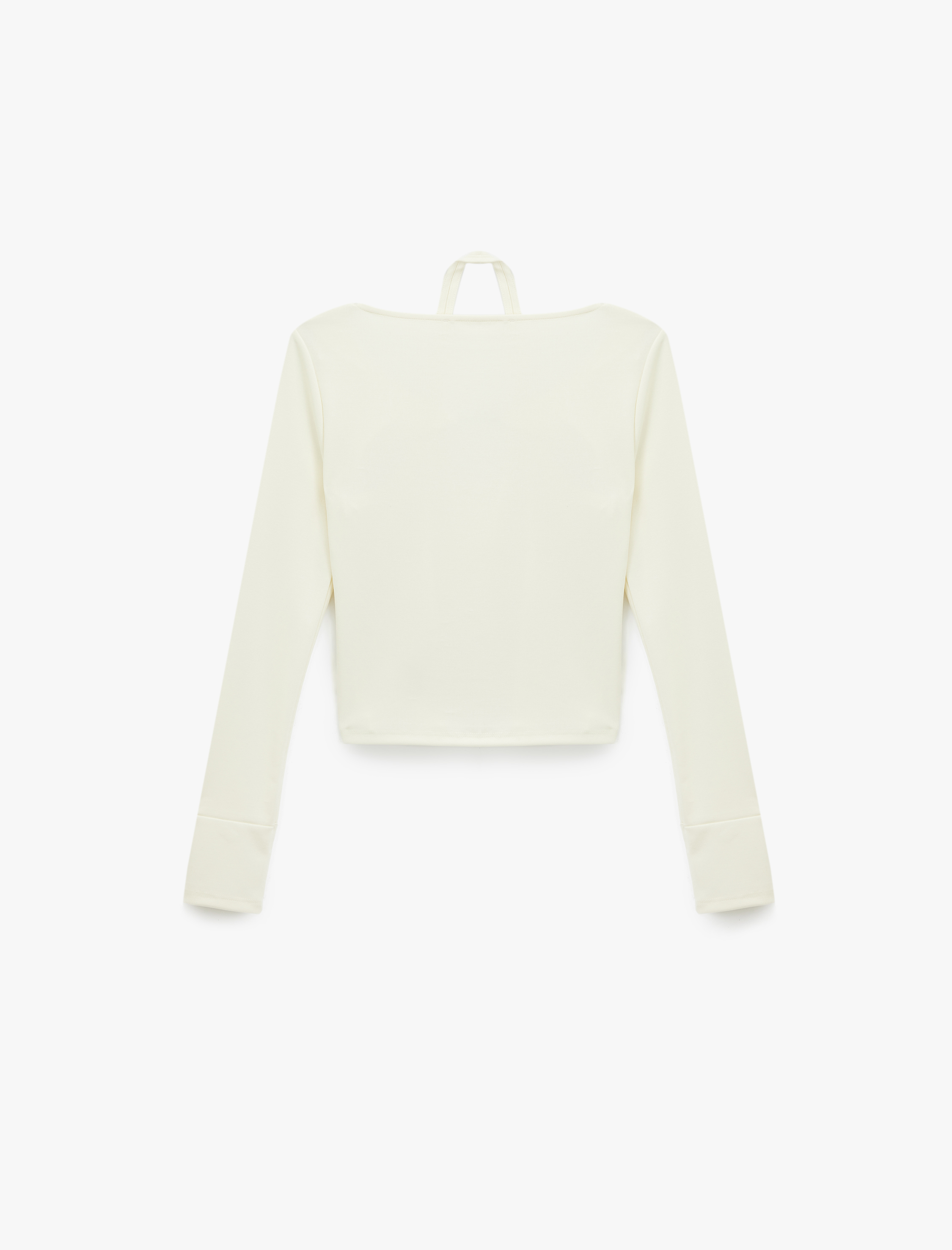   Slim Fit Uzun Kollu Metal Aksesuarlı Pencere Detaylı Halter Yaka Tişört