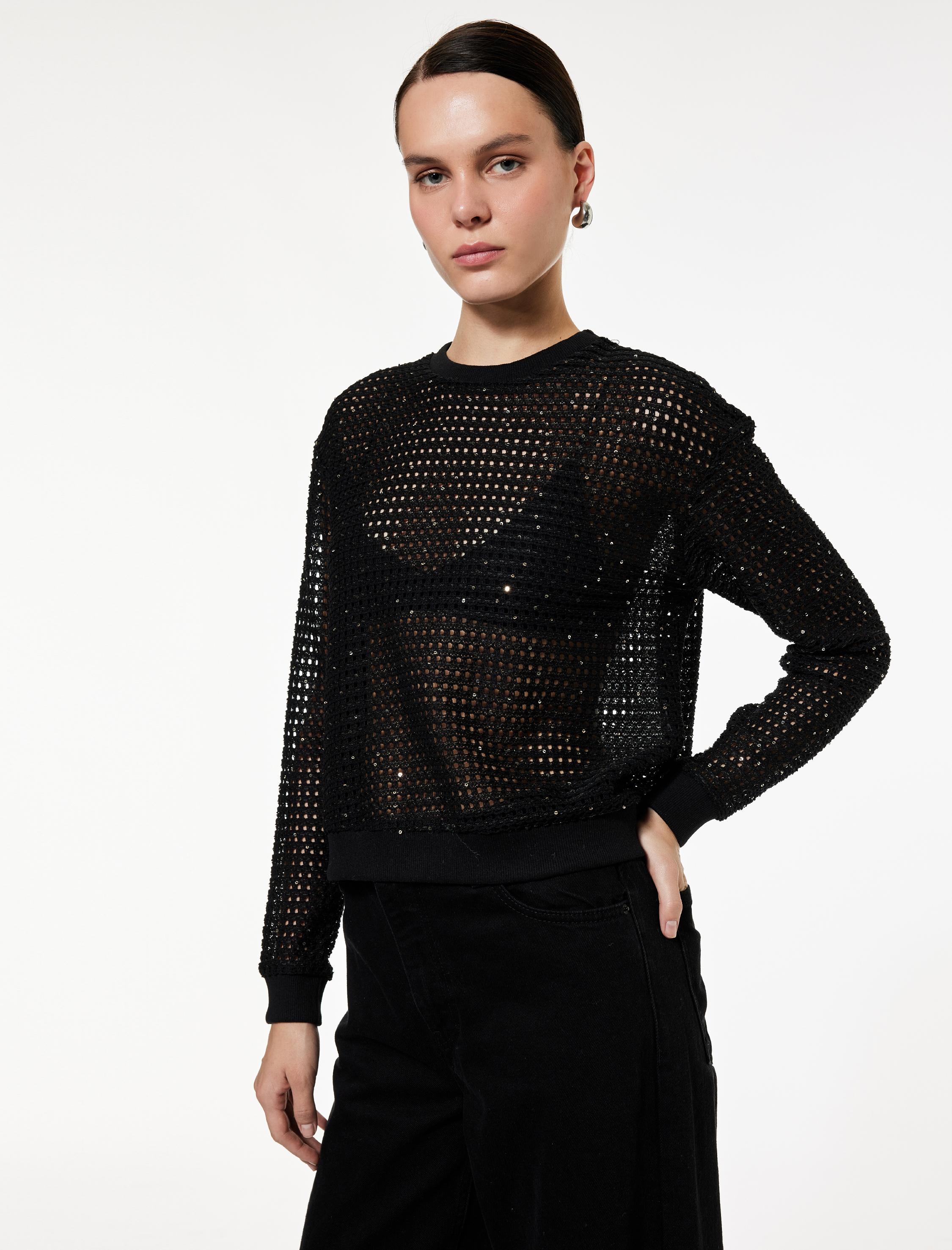   Uzun Kollu Bisiklet Yaka Parıltılı Boncuklu Ajurlu Kazak