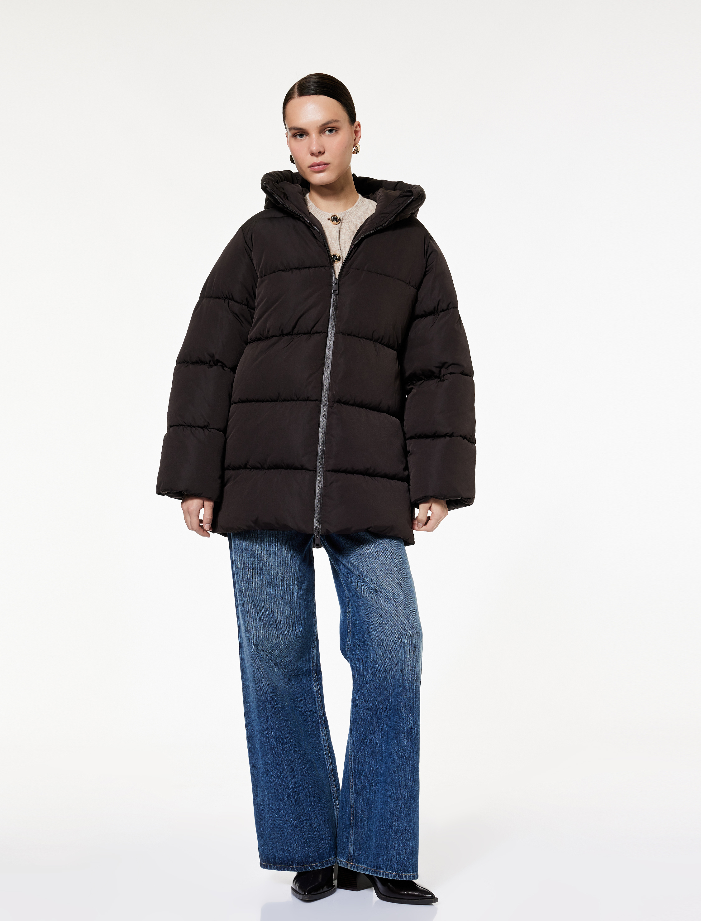   Fermuarlı Uzun Kollu Su İtici Kapüşonlu Oversize Şişme Mont