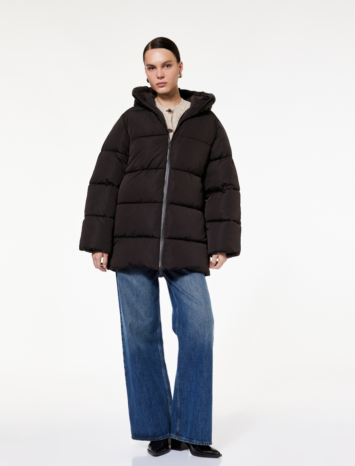  Fermuarlı Uzun Kollu Su İtici Kapüşonlu Oversize Şişme Mont