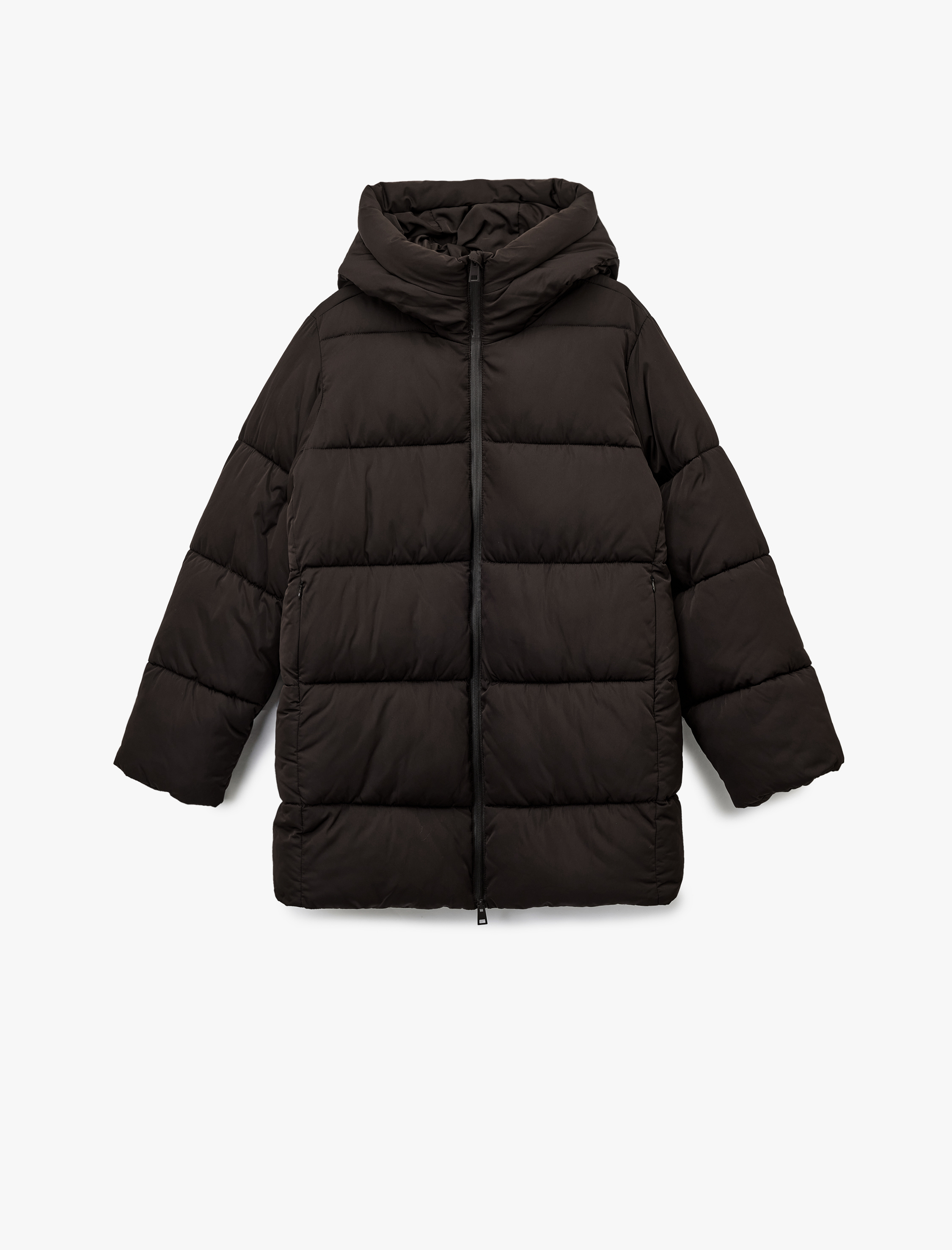   Fermuarlı Uzun Kollu Su İtici Kapüşonlu Oversize Şişme Mont