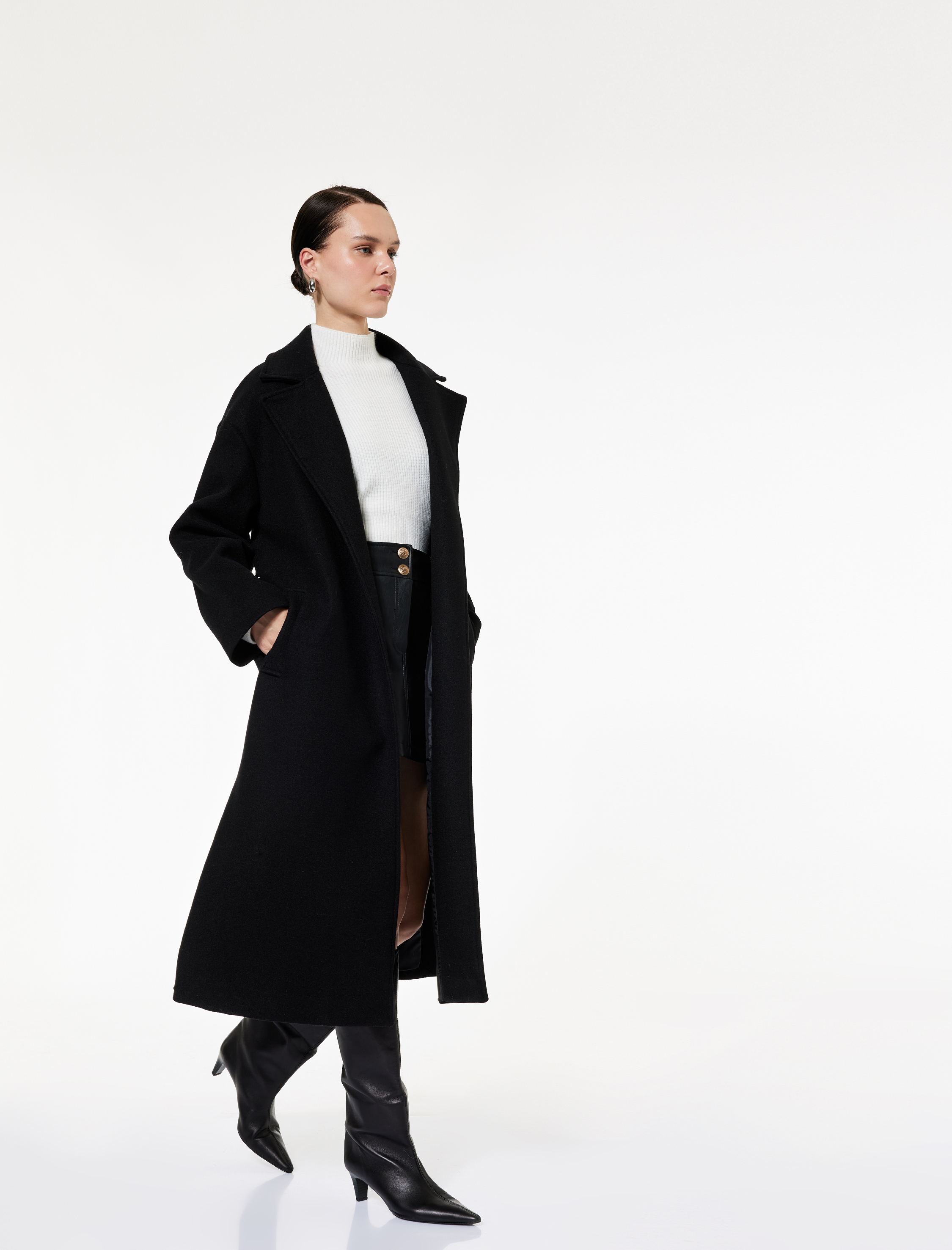   Uzun Kollu Kruvaze Kemerli Uzun Kaşe Kaban