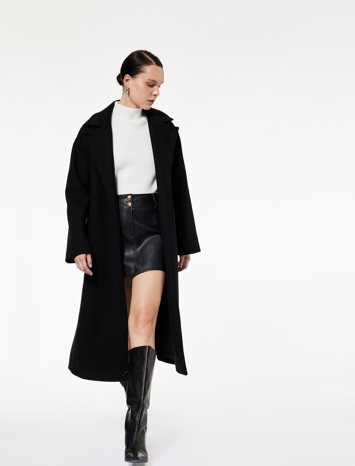  Uzun Kollu Kruvaze Kemerli Uzun Kaşe Kaban