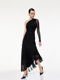 Uzun Kollu Asimetrik Etek Ucu Detaylı Midi Boy Tek Omuz Tül Elbise