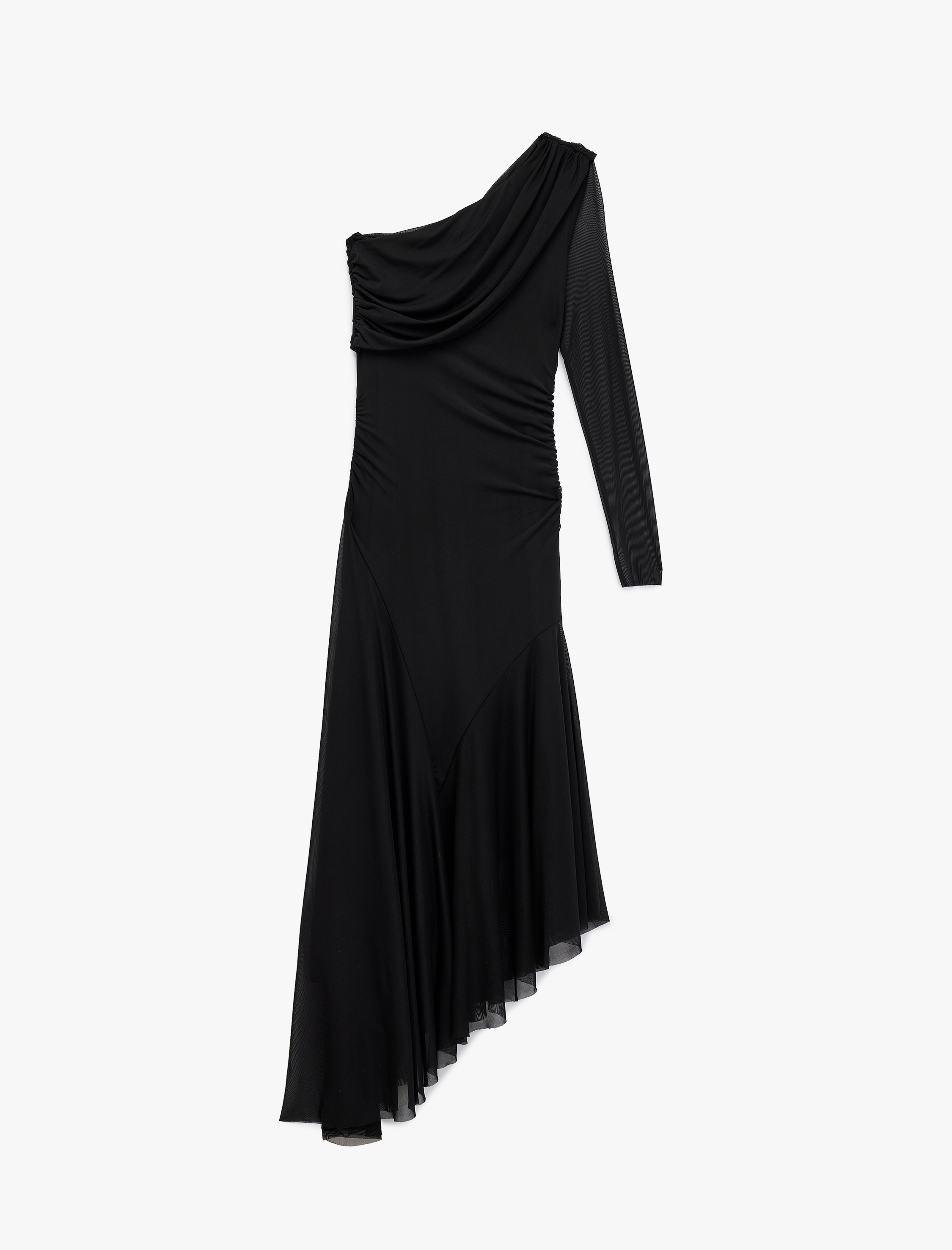   Uzun Kollu Asimetrik Etek Ucu Detaylı Midi Boy Tek Omuz Tül Elbise