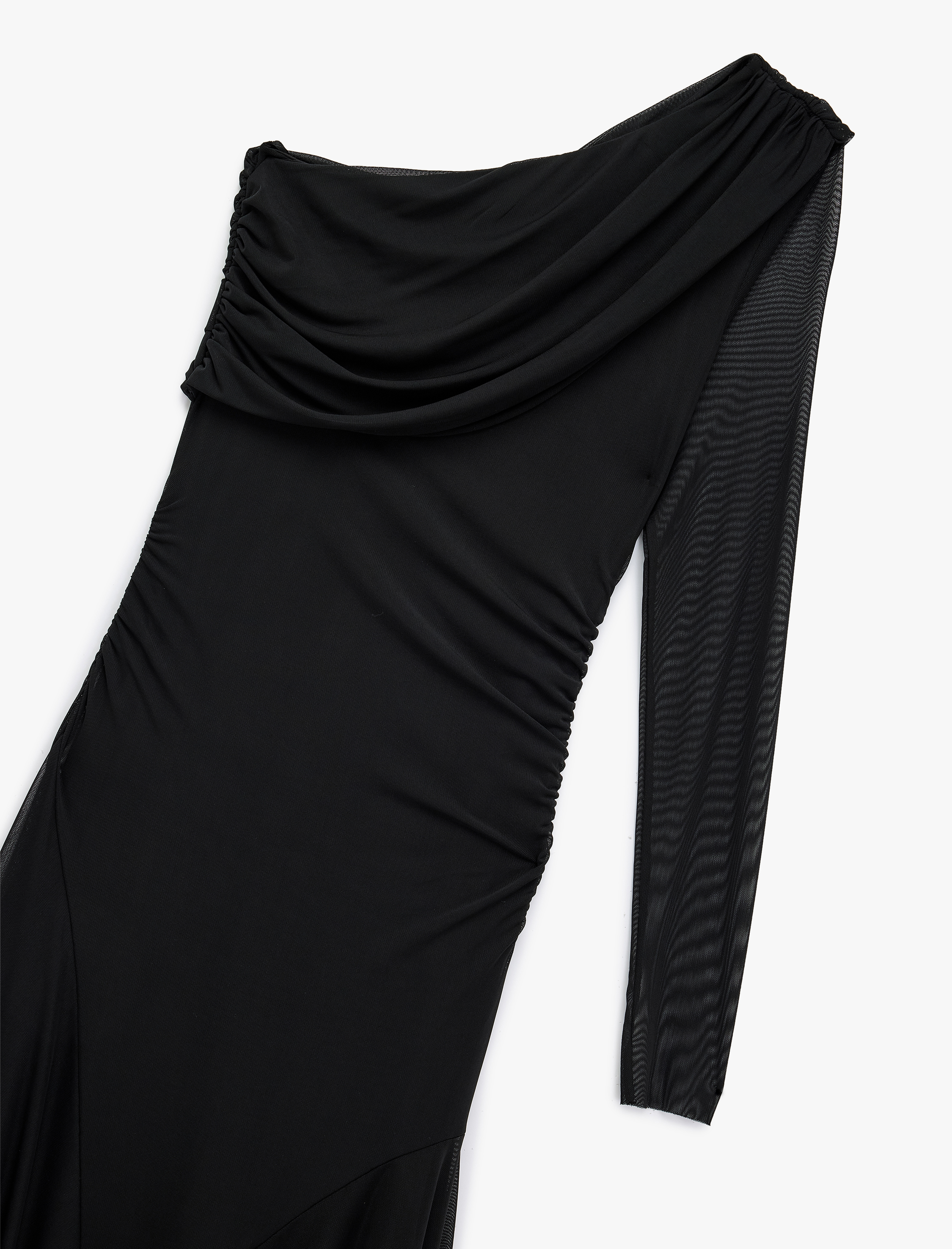   Uzun Kollu Asimetrik Etek Ucu Detaylı Midi Boy Tek Omuz Tül Elbise