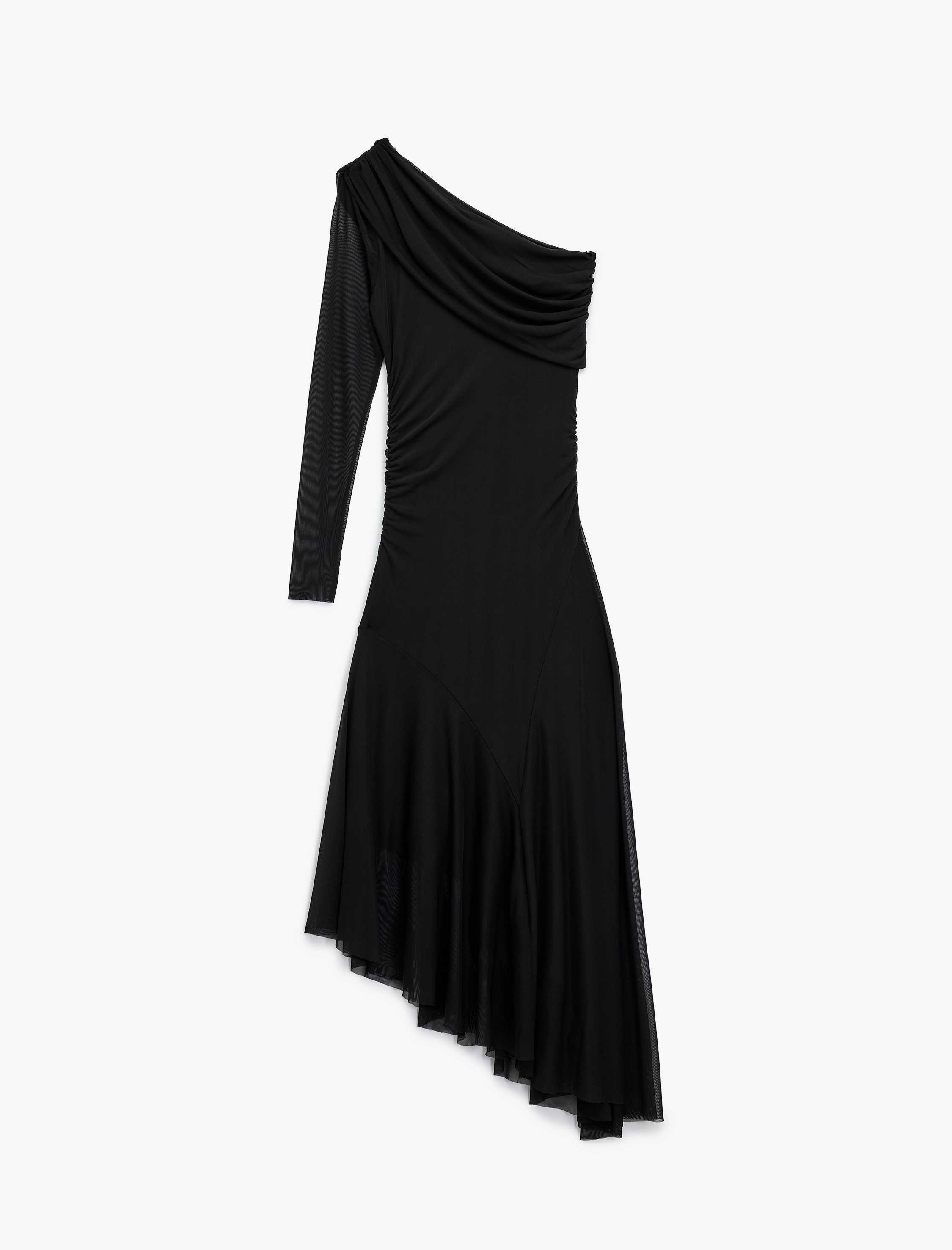   Uzun Kollu Asimetrik Etek Ucu Detaylı Midi Boy Tek Omuz Tül Elbise