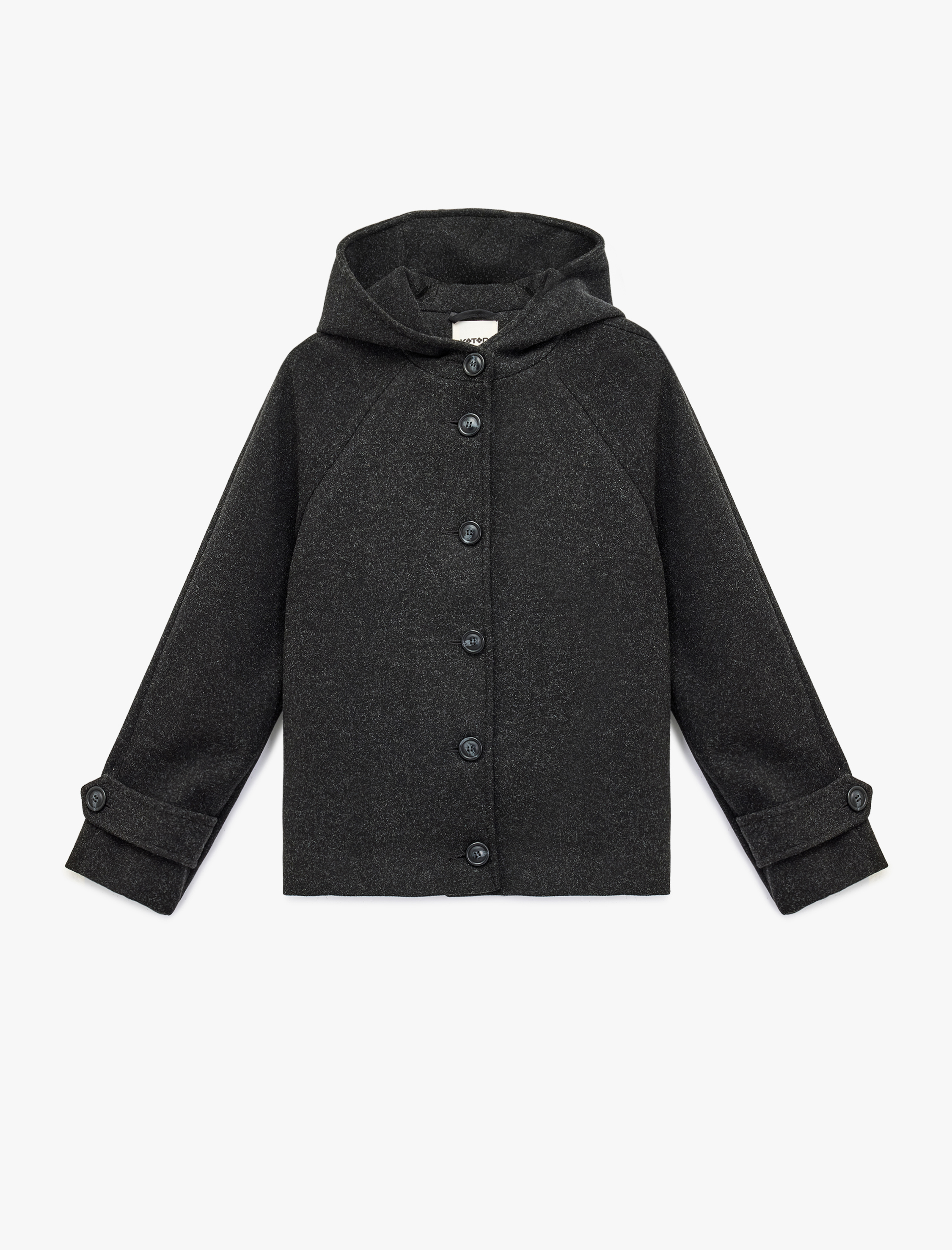   Düğmeli Cepli Uzun Kollu Kısa Kapüşonlu Kaşe Mont