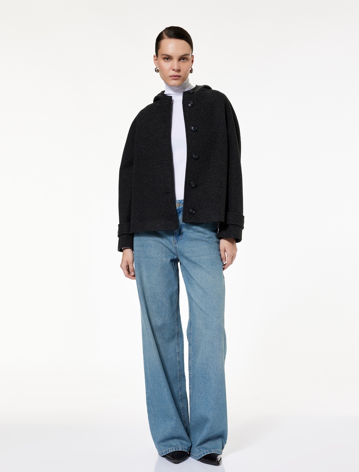  Düğmeli Cepli Uzun Kollu Kısa Kapüşonlu Kaşe Mont