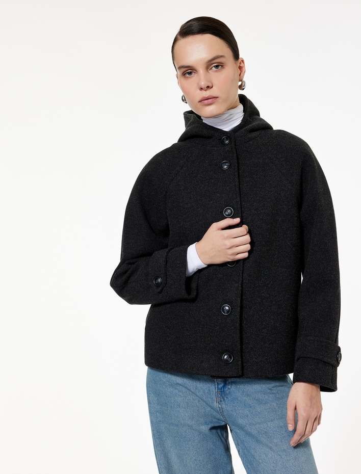  Düğmeli Cepli Uzun Kollu Kısa Kapüşonlu Kaşe Mont