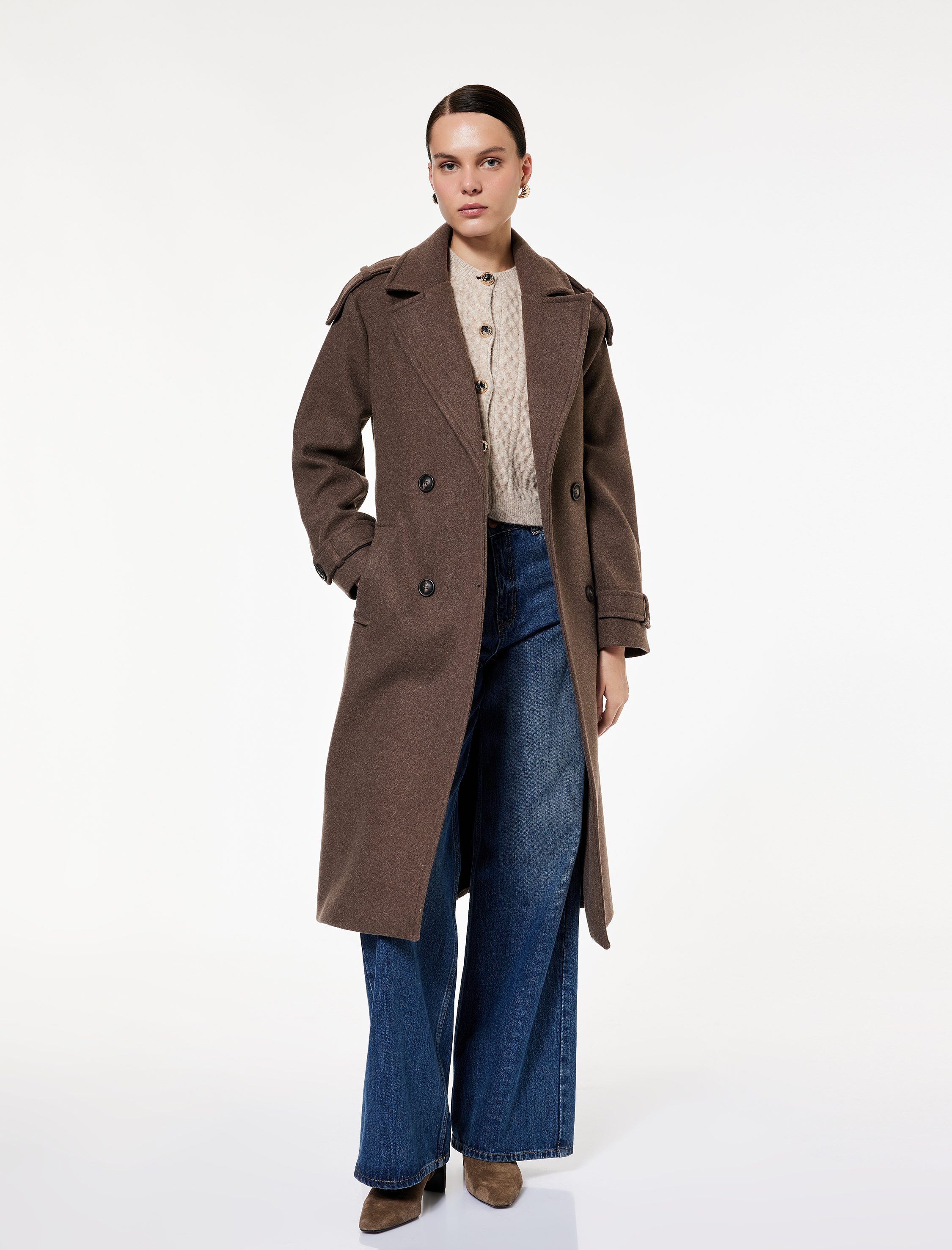   Trenç Kaban Kaşe Kruvaze Kemerli Cepli Uzun Kollu