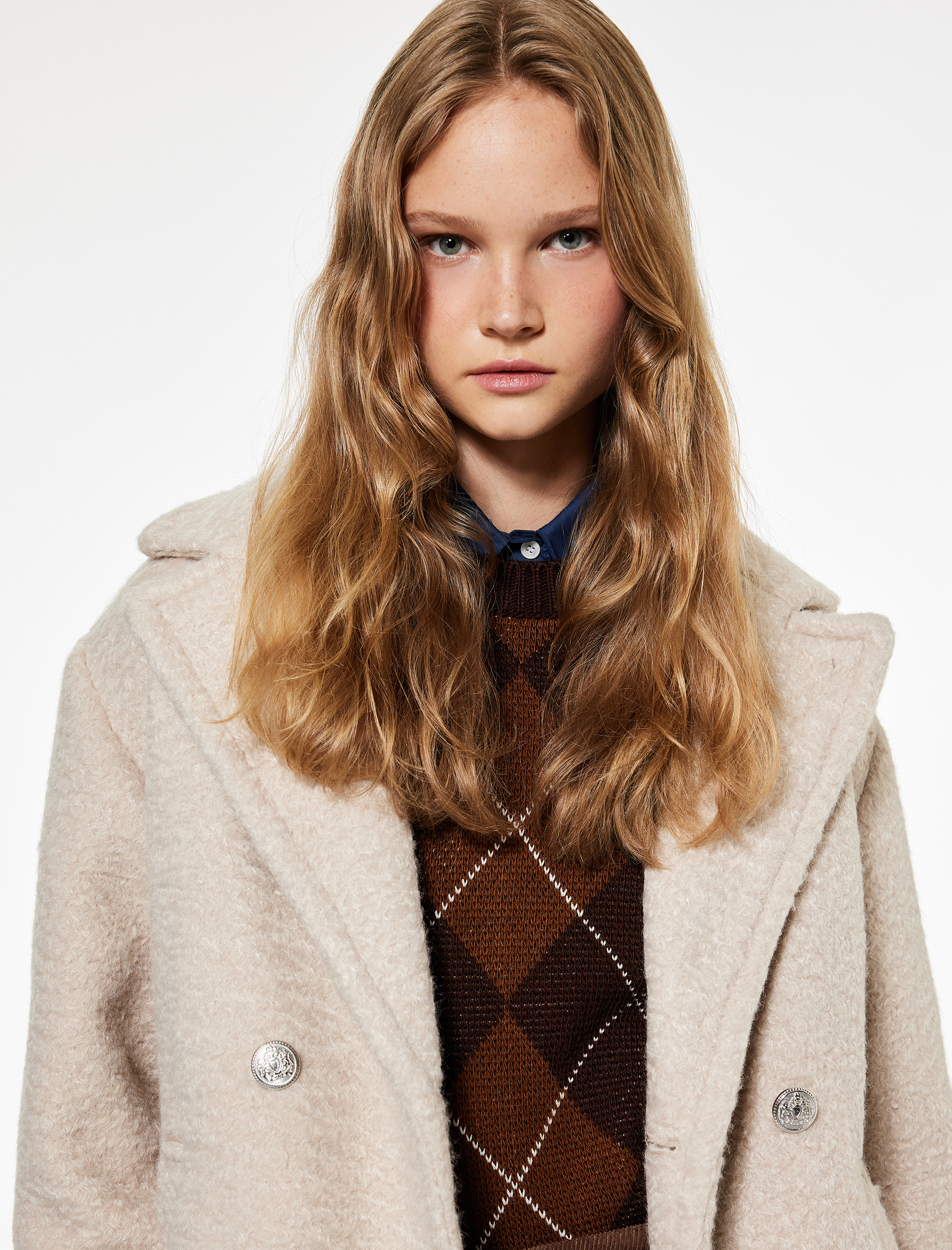   Düğmeli Cep Detaylı Kruvaze Yaka Oversize Buklet Kaban