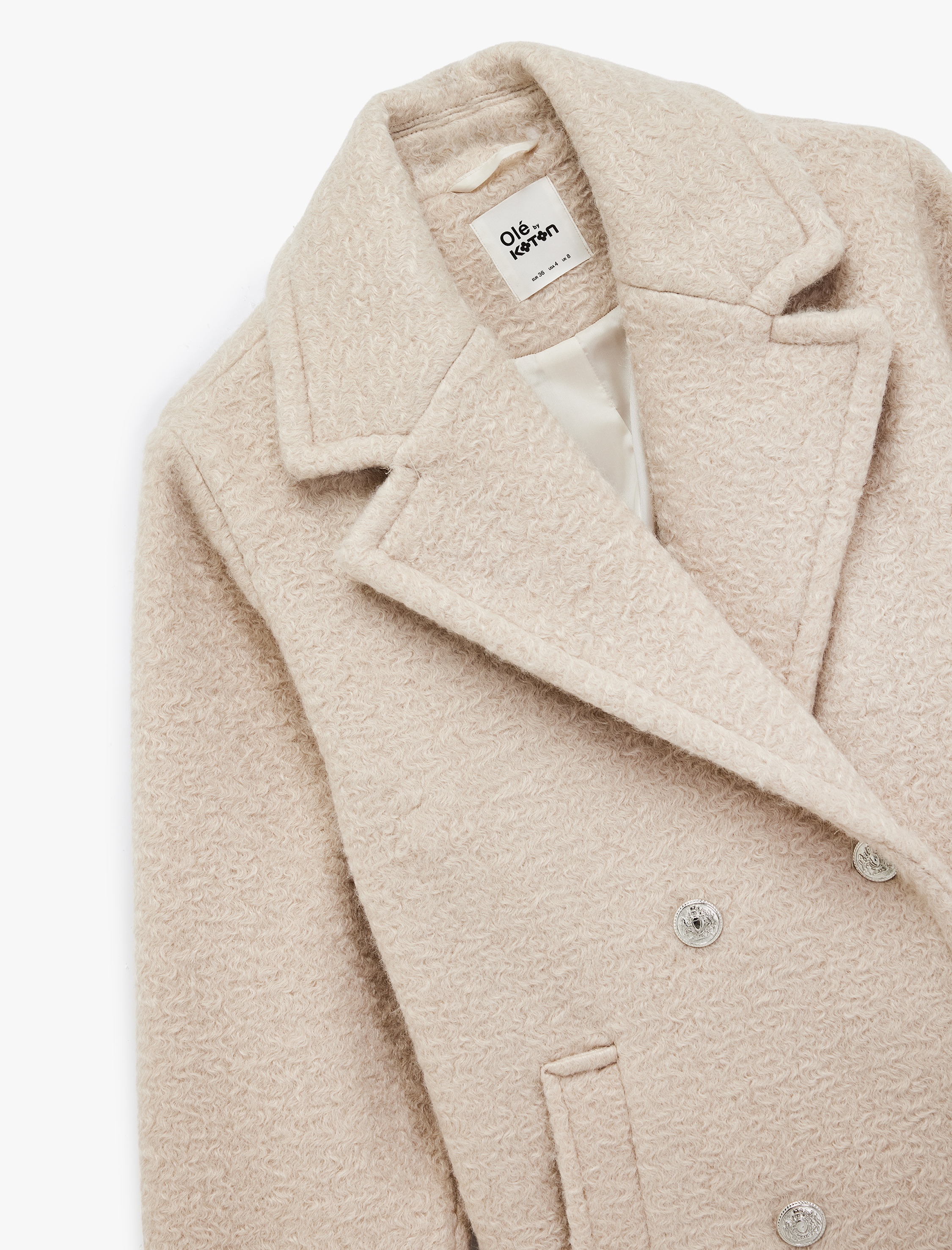   Düğmeli Cep Detaylı Kruvaze Yaka Oversize Buklet Kaban