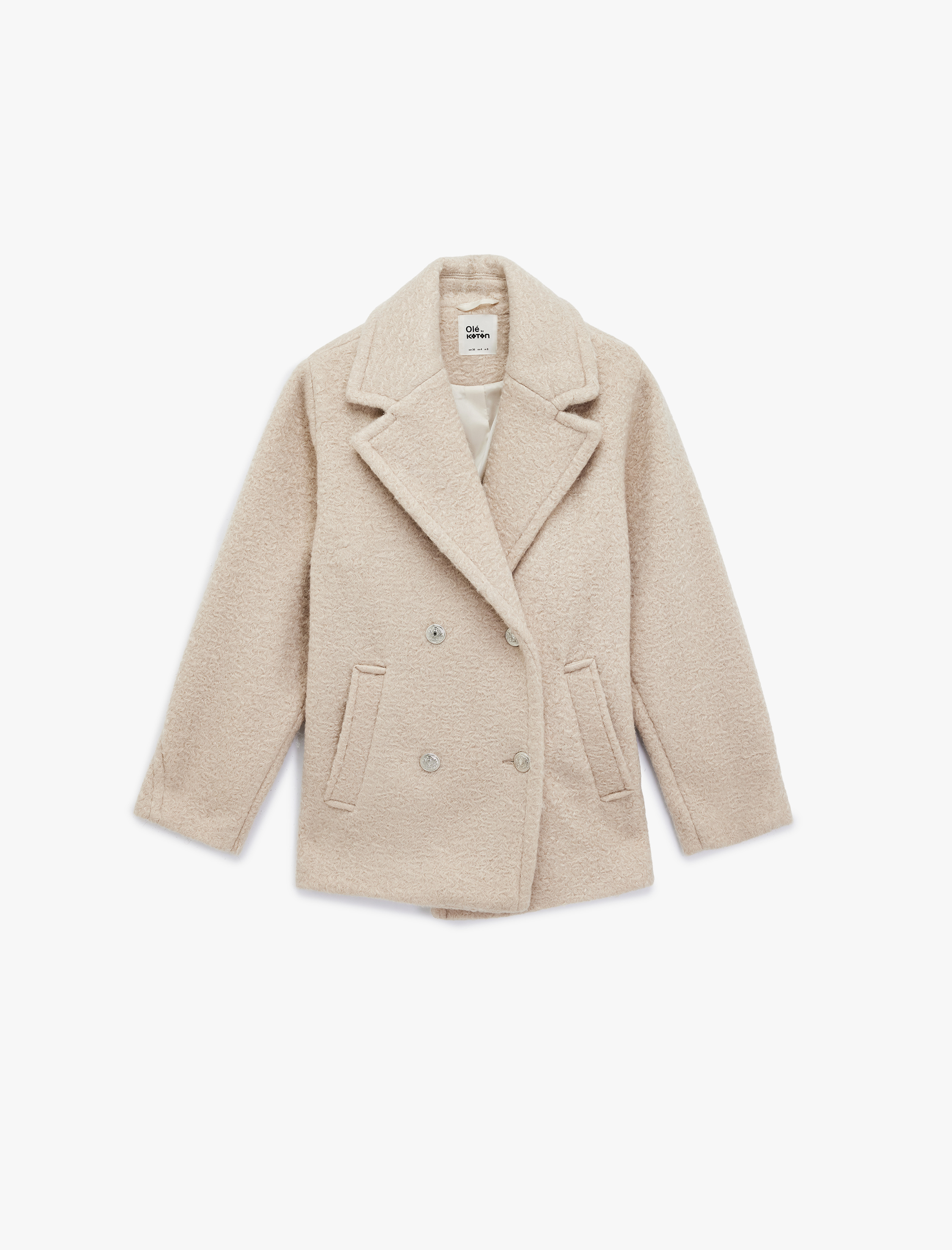   Düğmeli Cep Detaylı Kruvaze Yaka Oversize Buklet Kaban