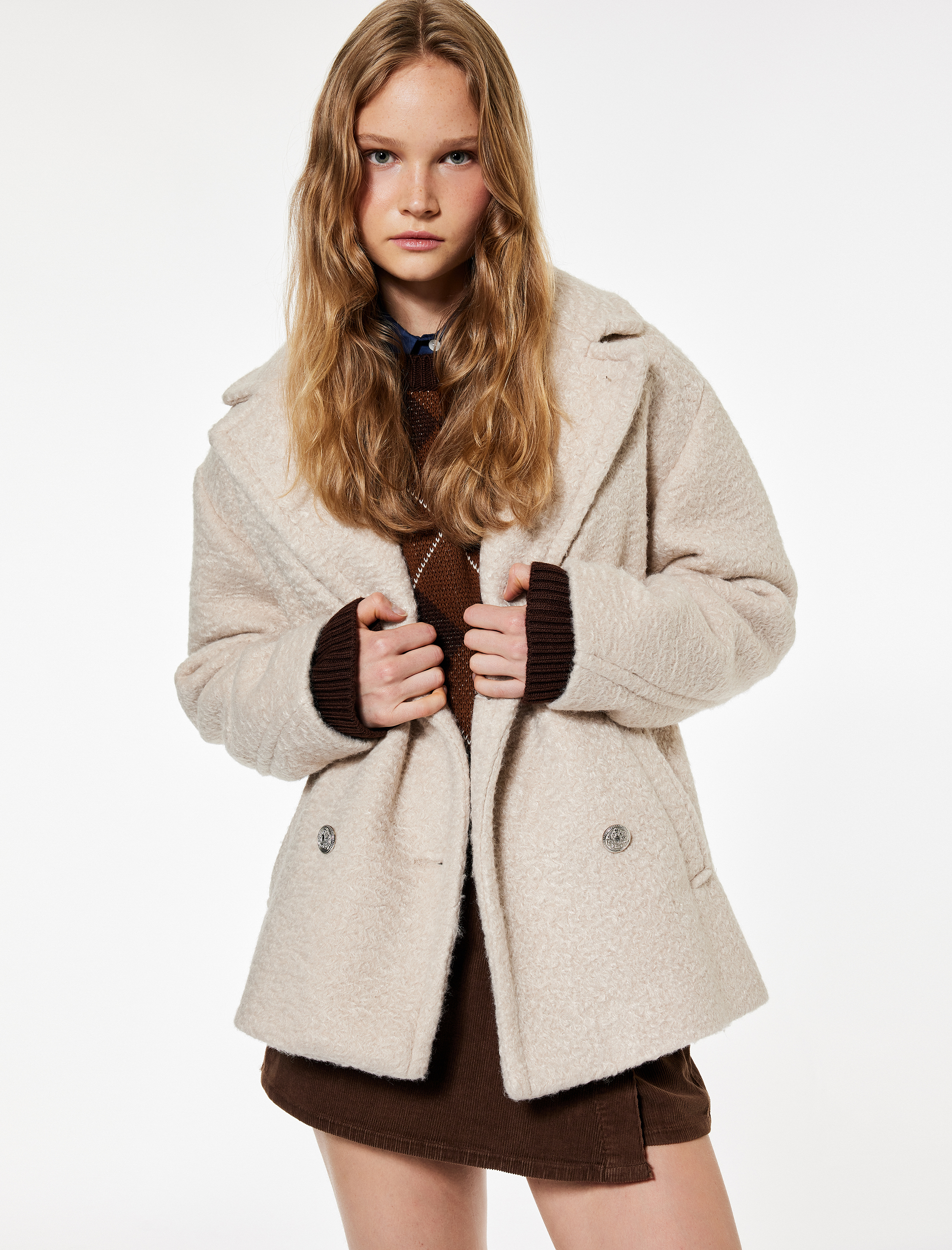   Düğmeli Cep Detaylı Kruvaze Yaka Oversize Buklet Kaban